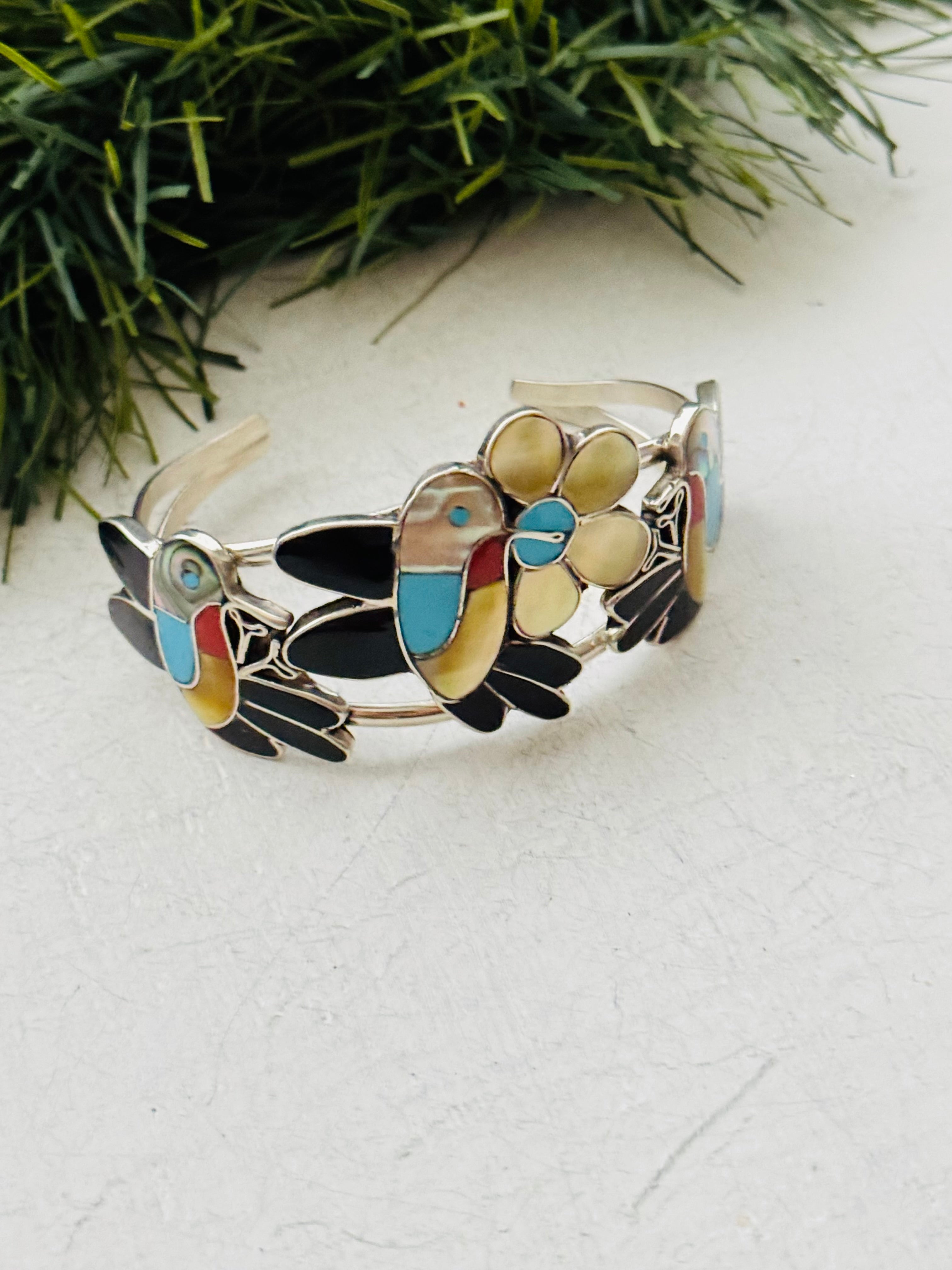 Zuni Made Multi Stone & Sterling Silver Inlay Hummingbird Cuff Bracelet