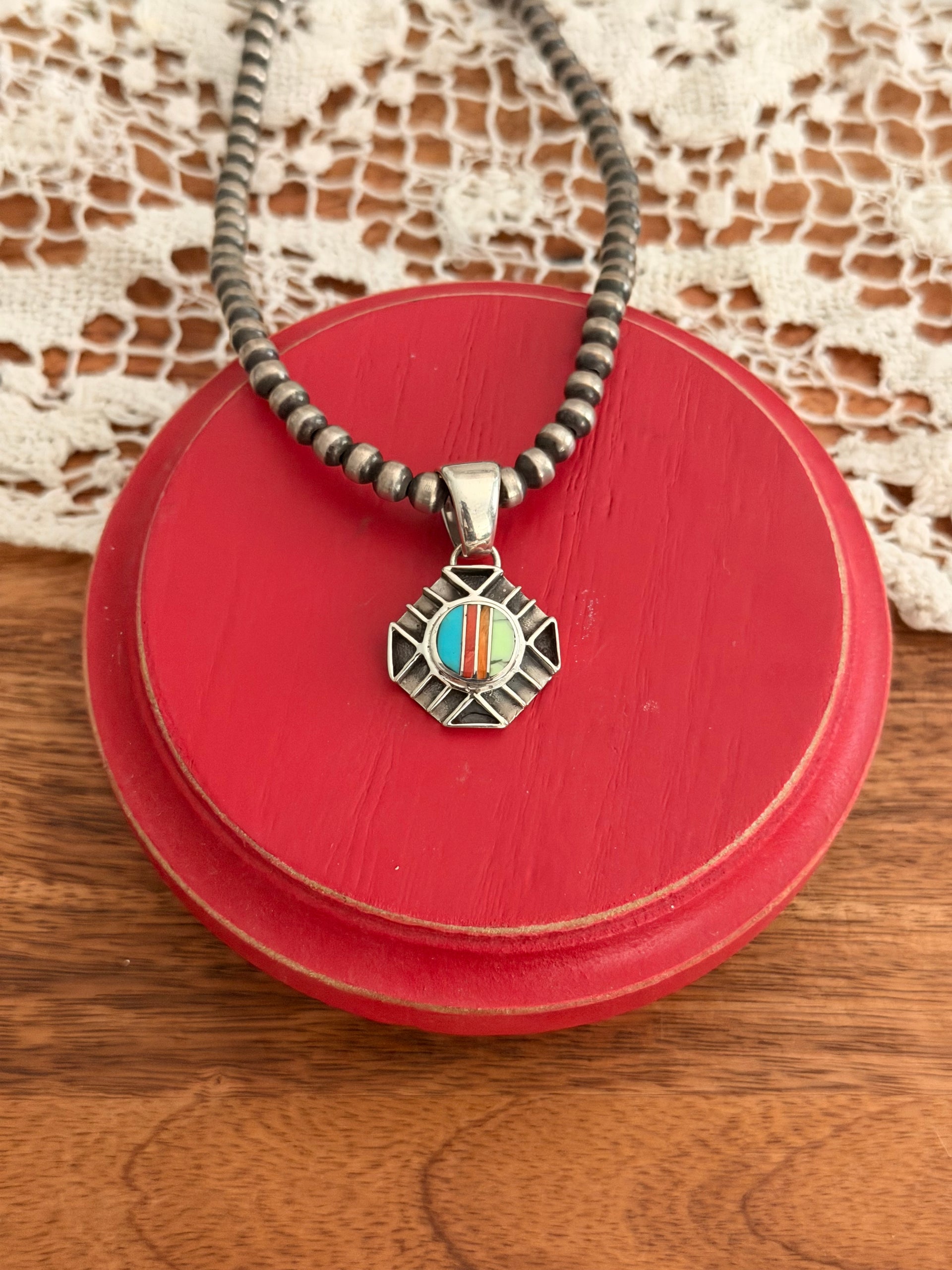 Navajo Made Multi Stone & Sterling Silver Inlay Pendant