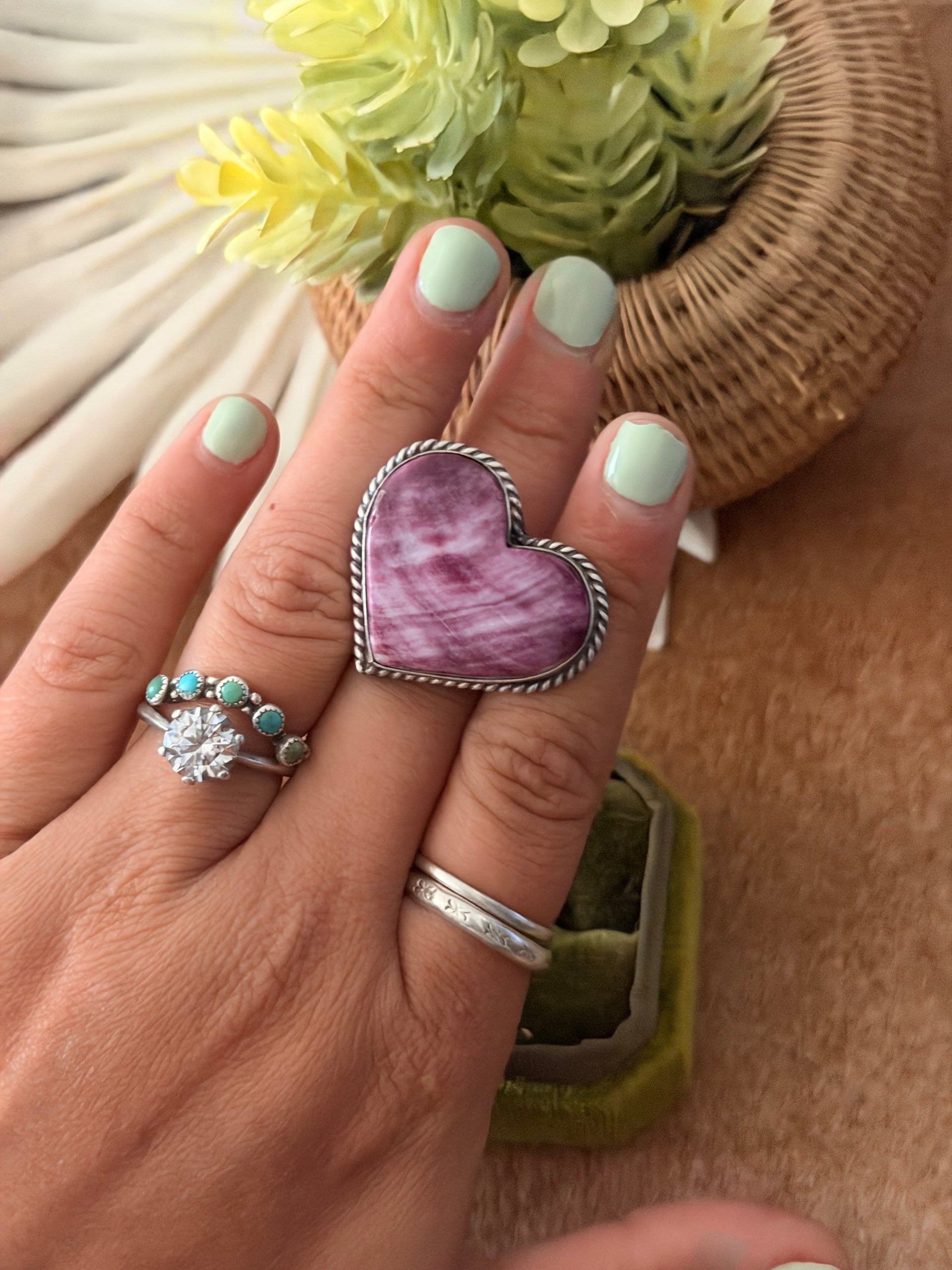Navajo Made Purple Spiny Oyster & Sterling Silver Adjustable Heart Ring