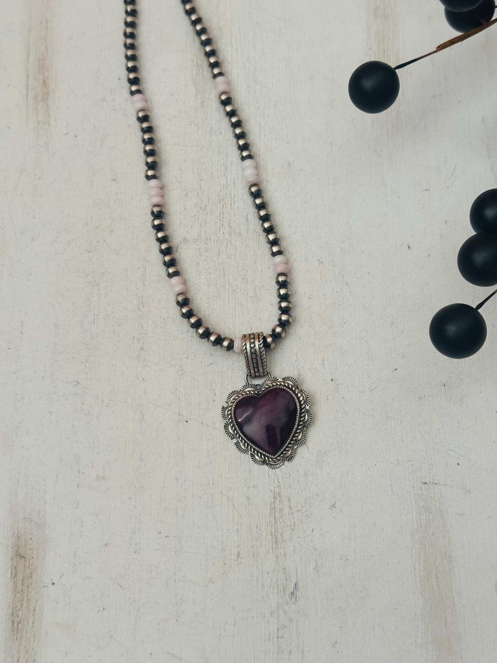 Navajo Made Purple Spiny Oyster & Sterling Silver Heart Pendant