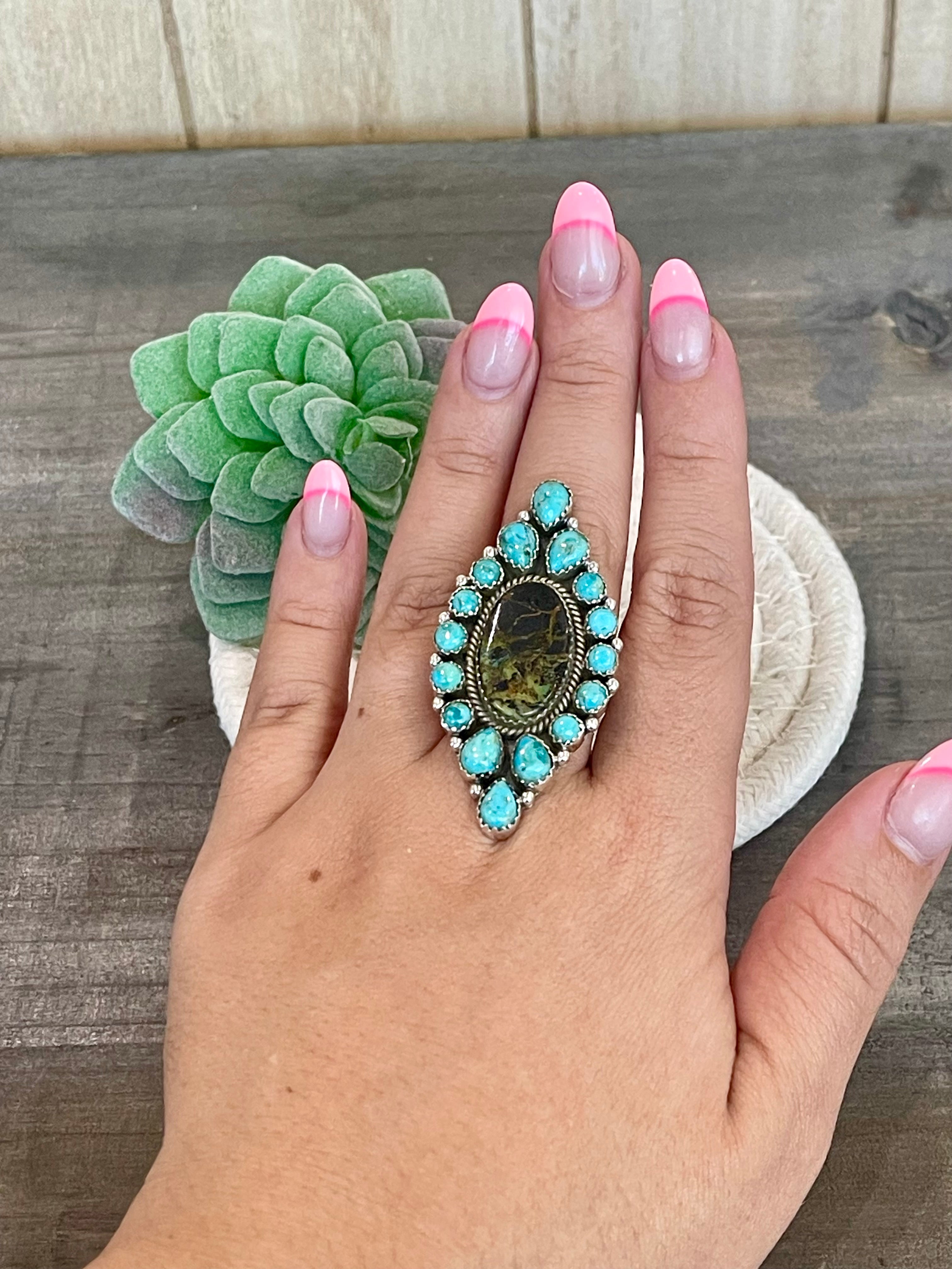 Southwest Handmade BlackJack Turquoise And Kingman Turquoise & Sterling Silver Adjustable Ring