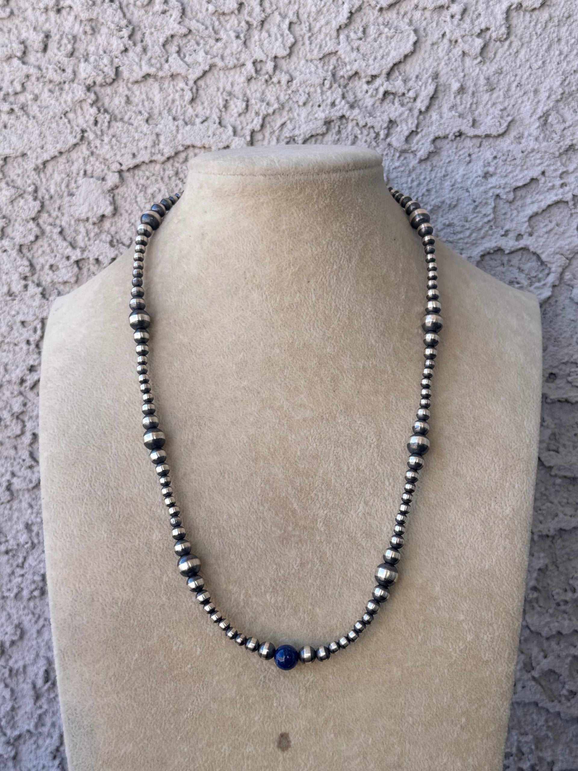 Navajo Strung Lapis & Sterling Silver Graduated Pearl Necklace