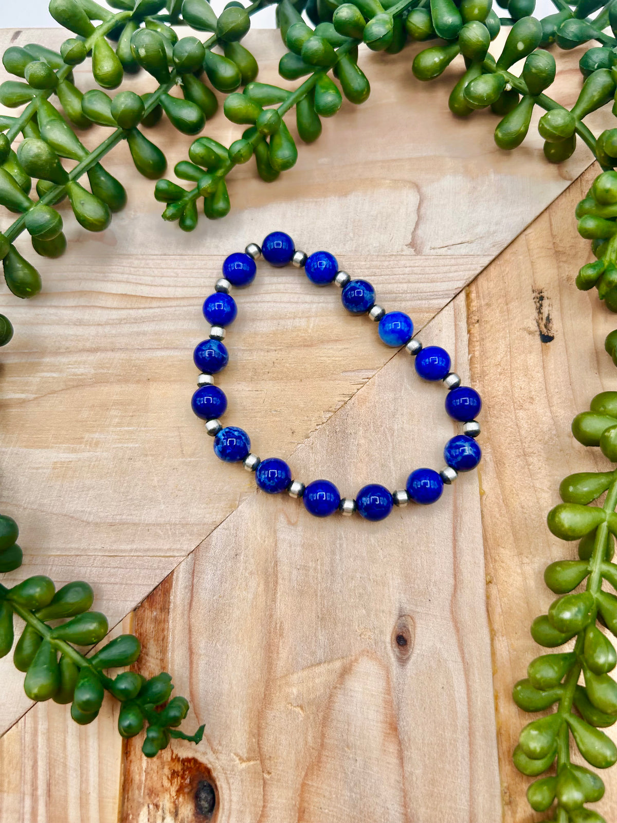 Navajo Made Lapis & Sterling Sliver  Strung Stretchy Bracelet