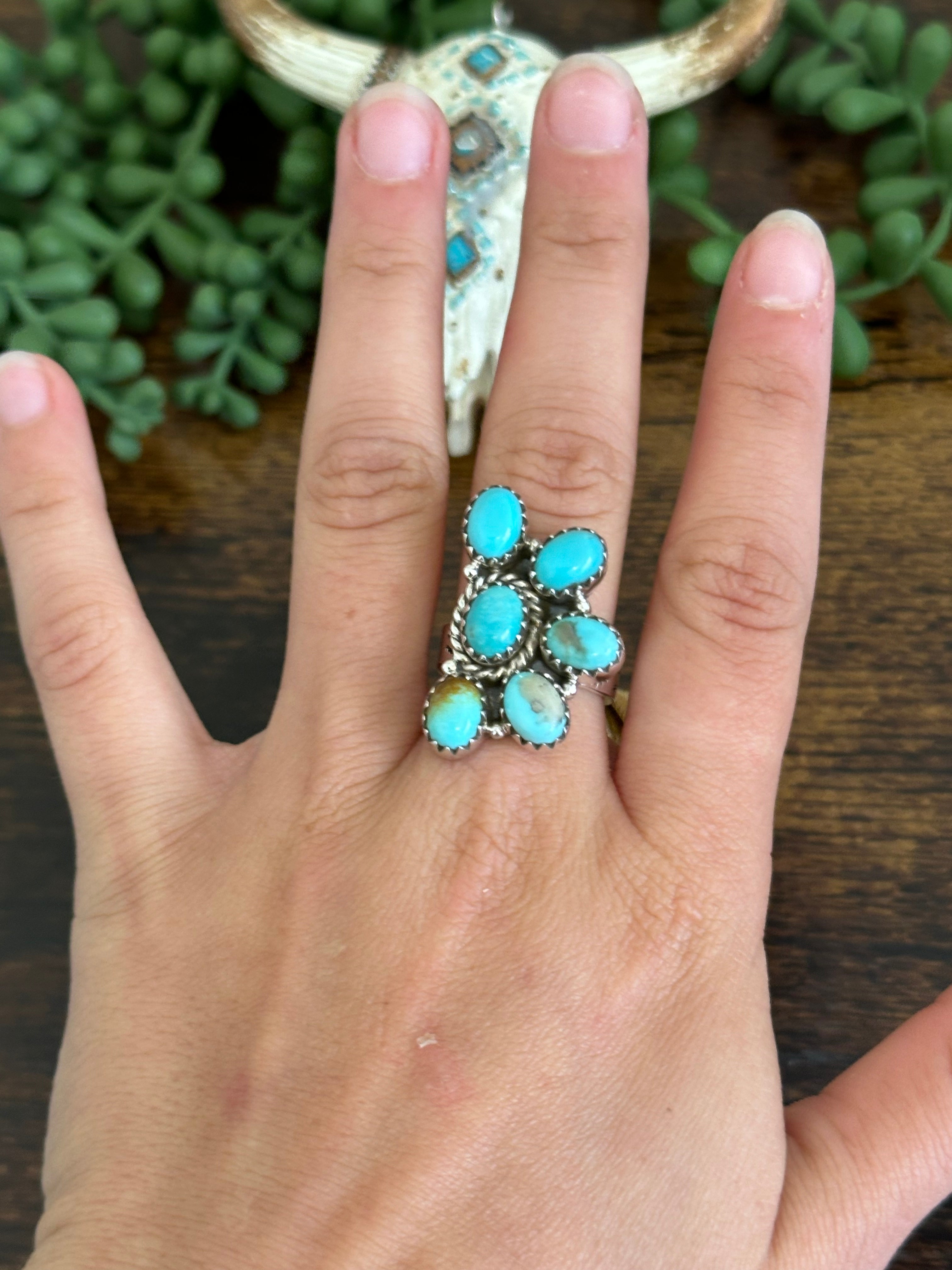 Southwest Handmade Kingman Turquoise & Sterling Silver Adjustable Cluster Ring