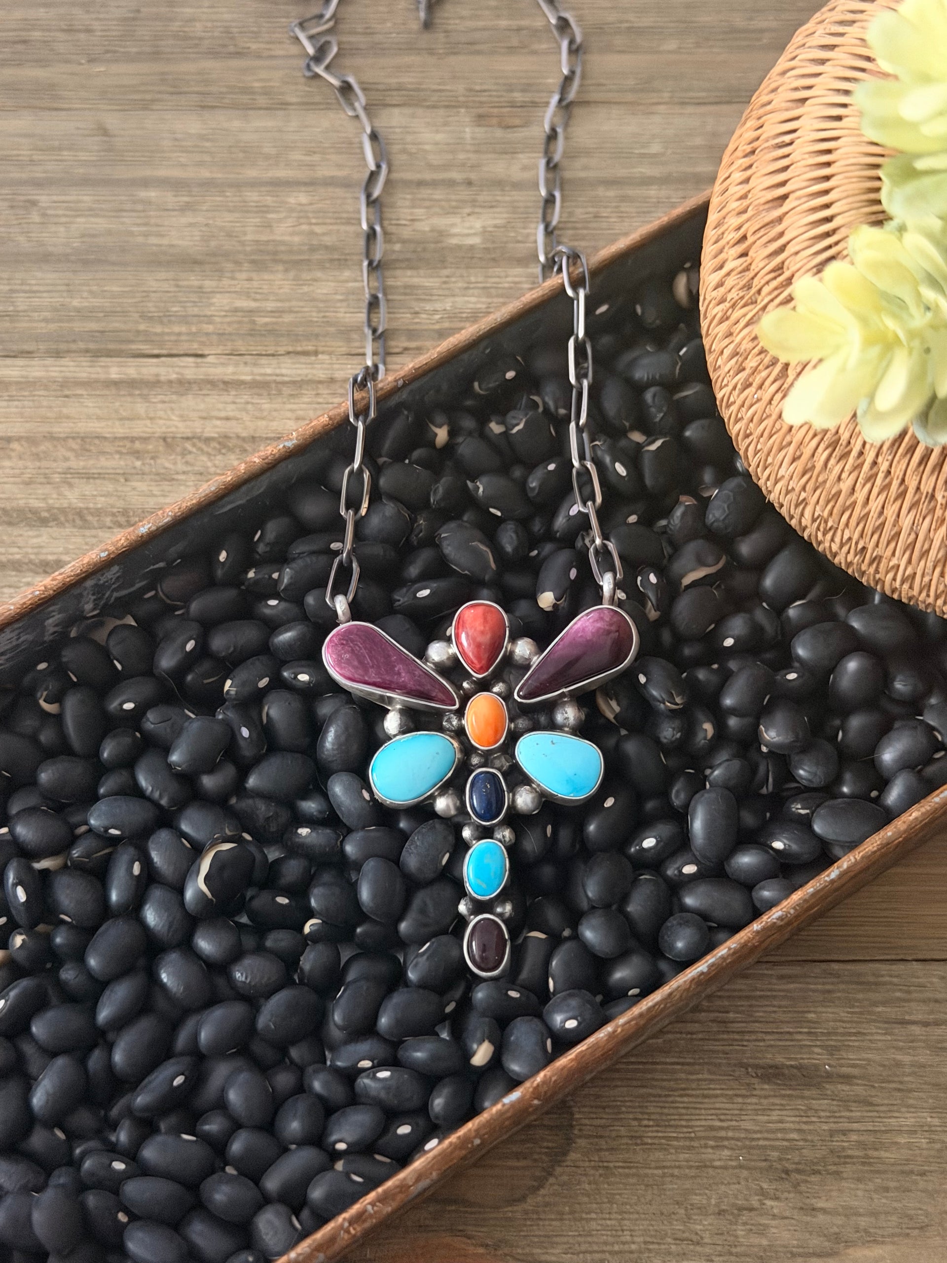 Travis Jim Multi Stone & Sterling Silver Cluster Dragonfly Necklace