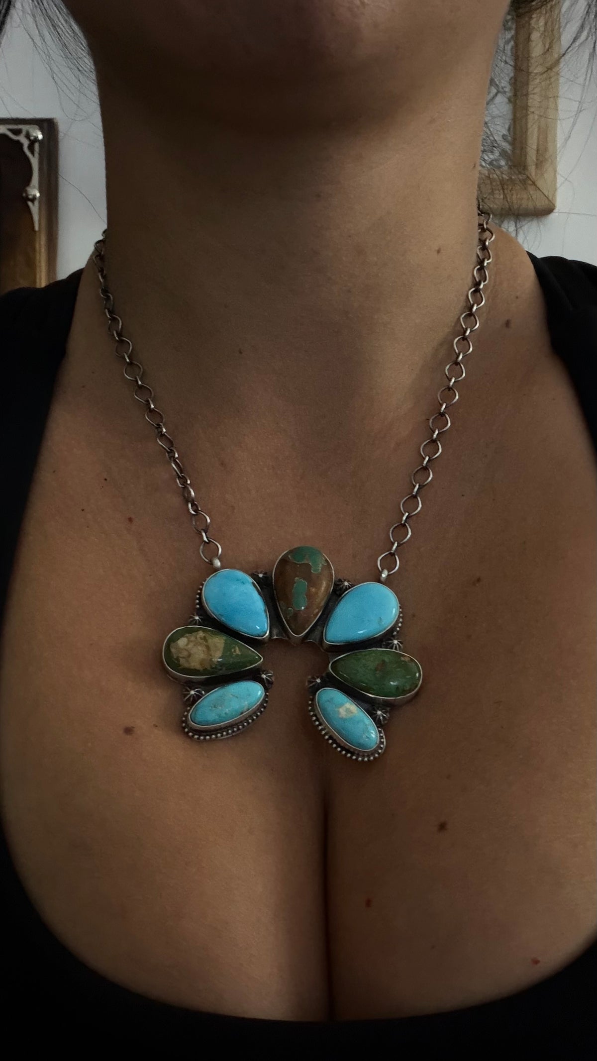 Cordell Platero Royston Turquoise & Sterling Silver Cluster Naja Necklace
