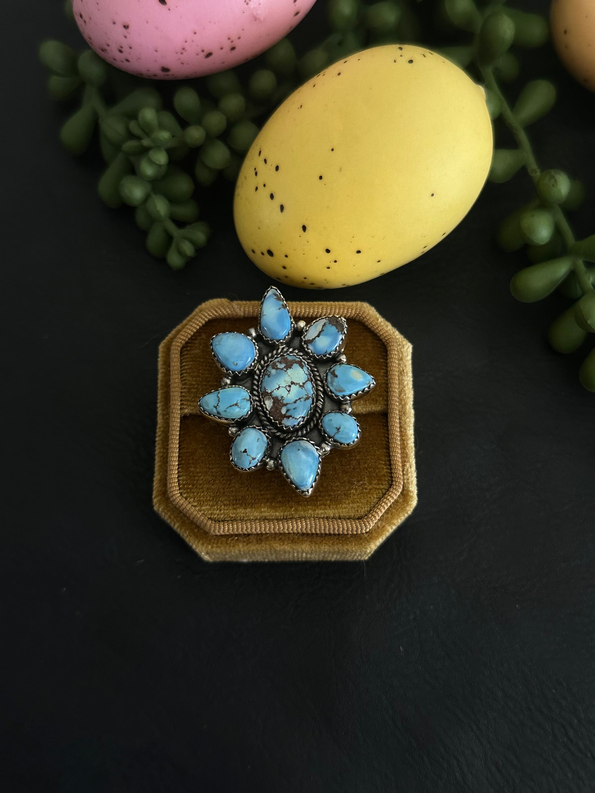Southwest Handmade Golden Hills Turquoise & Sterling Silver Adjustable Cluster Ring