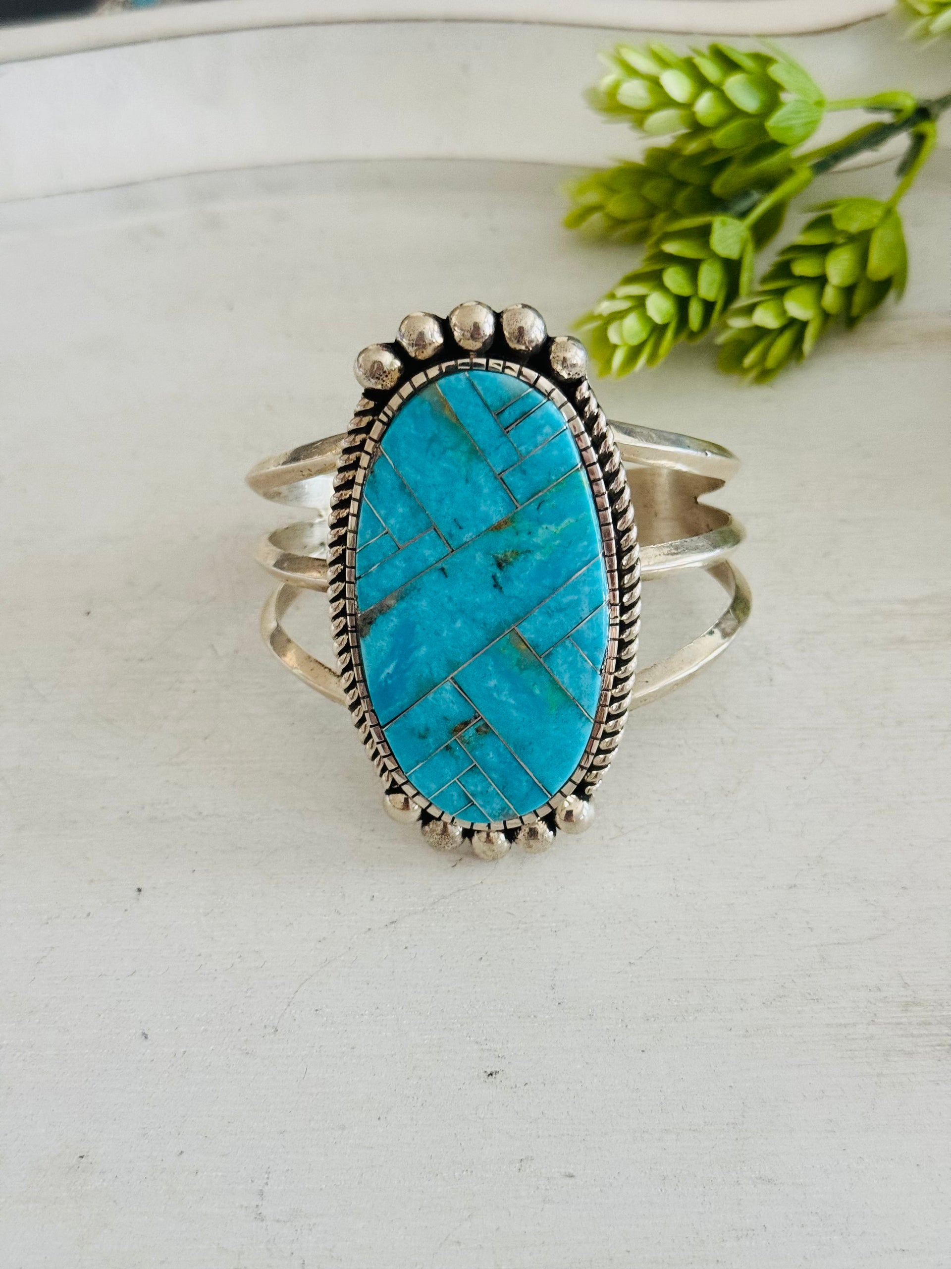 Navajo Made Kingman Turquoise & Sterling Silver Inlay Cuff Bracelet