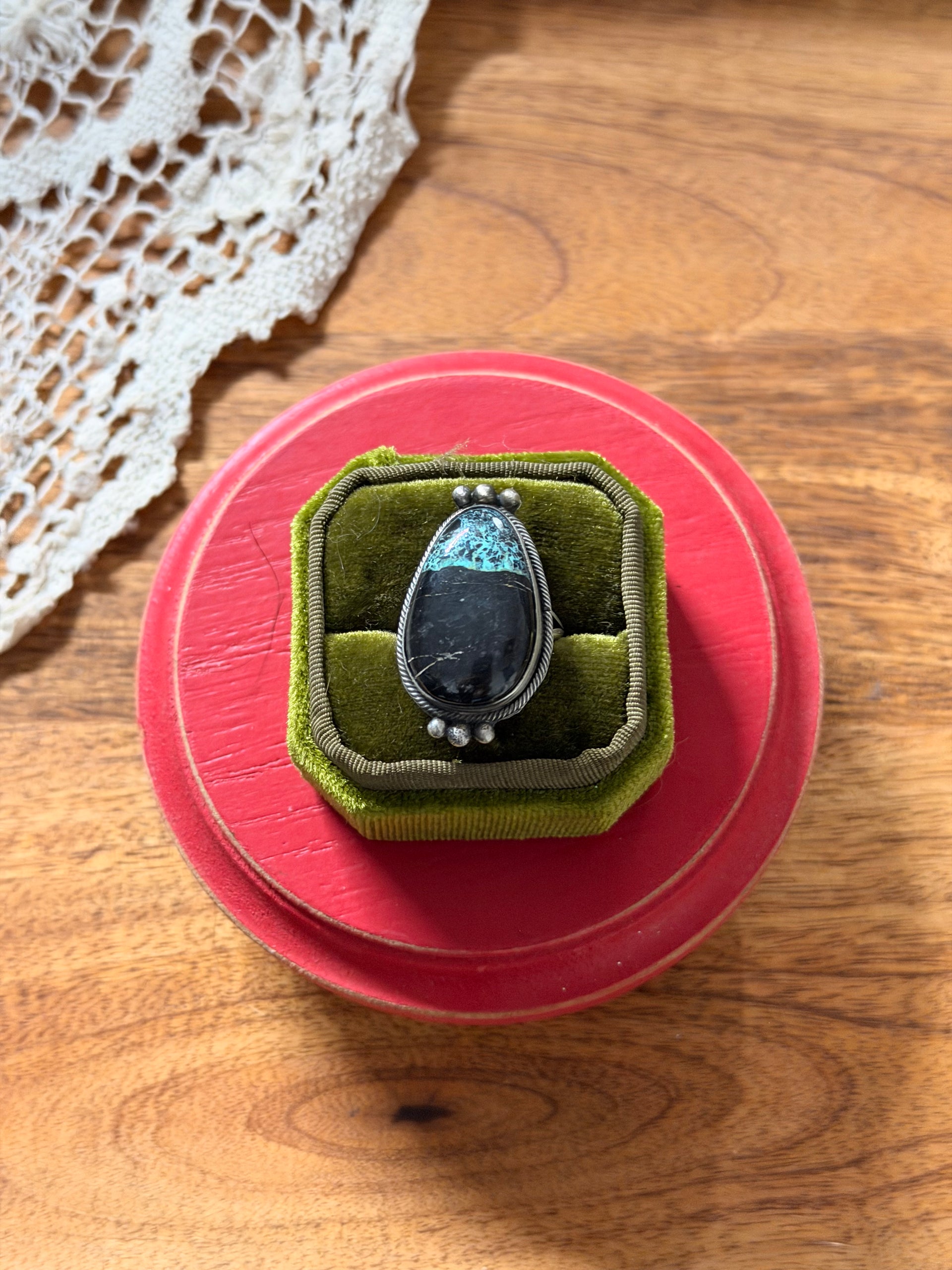 Scott Skeets Black Jack Turquoise & Sterling Silver Ring Size 7.5