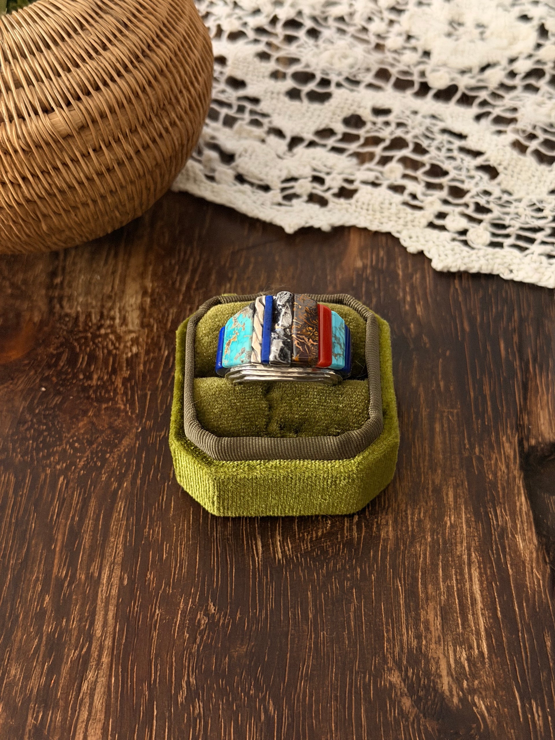 Alvin Yellowhorse High Grade Multi Stone & Meteorite & Sterling Silver Inlay Ring Size 9