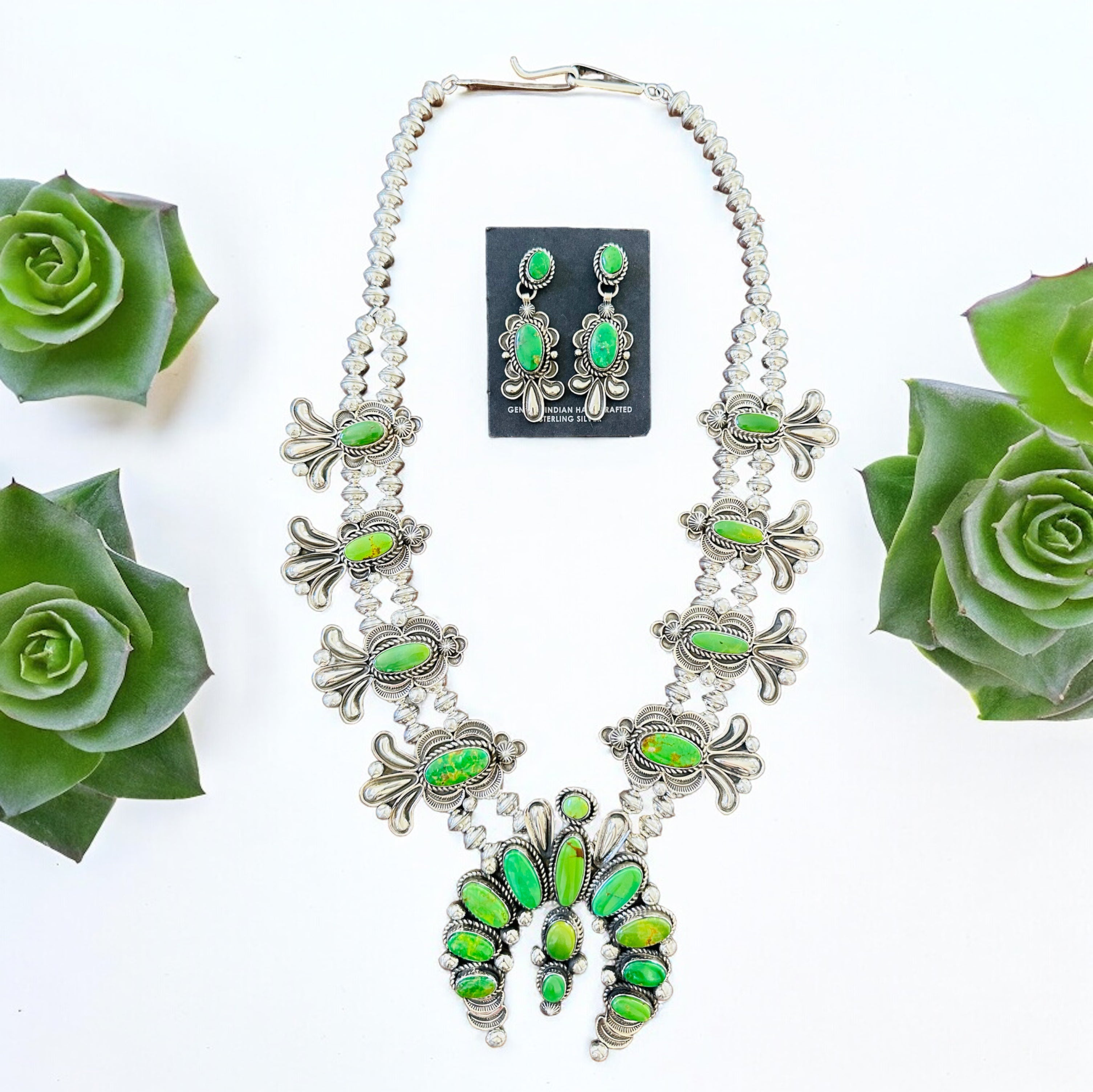 Alex Sanchez Green Manhattan Turquoise & Sterling Silver Squash Blossom Necklace Set