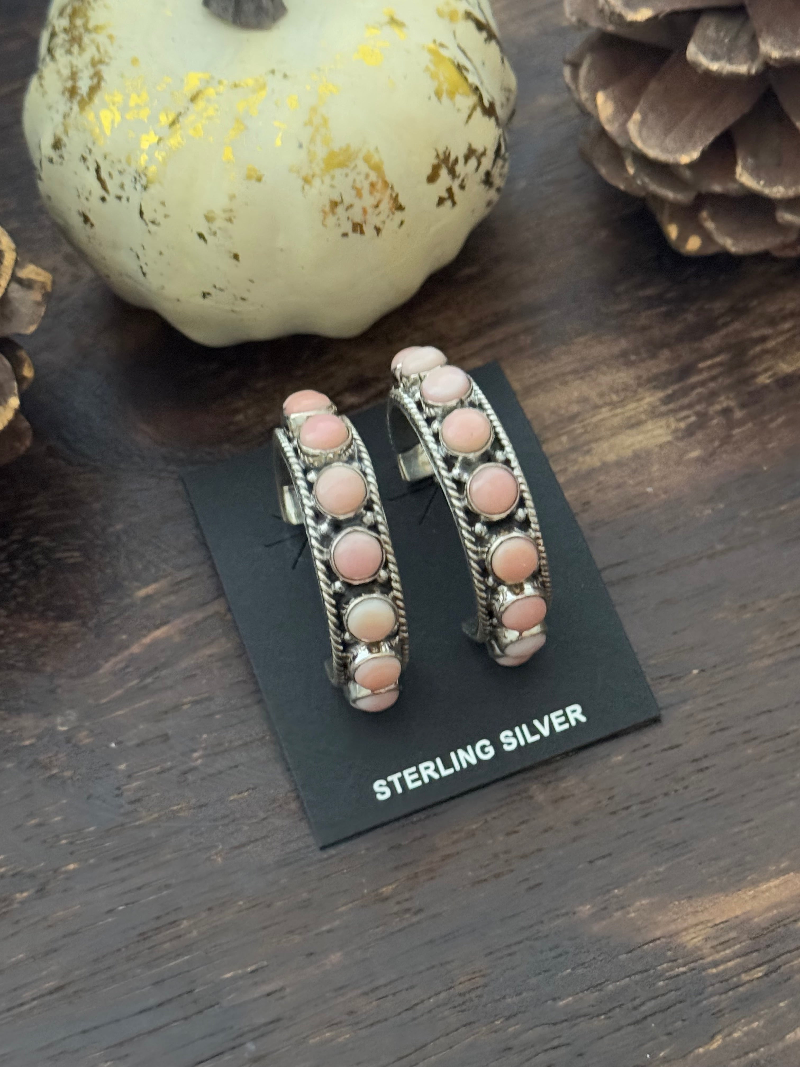 Navajo Made Pink Conch & Sterling Silver Hoop Earrings