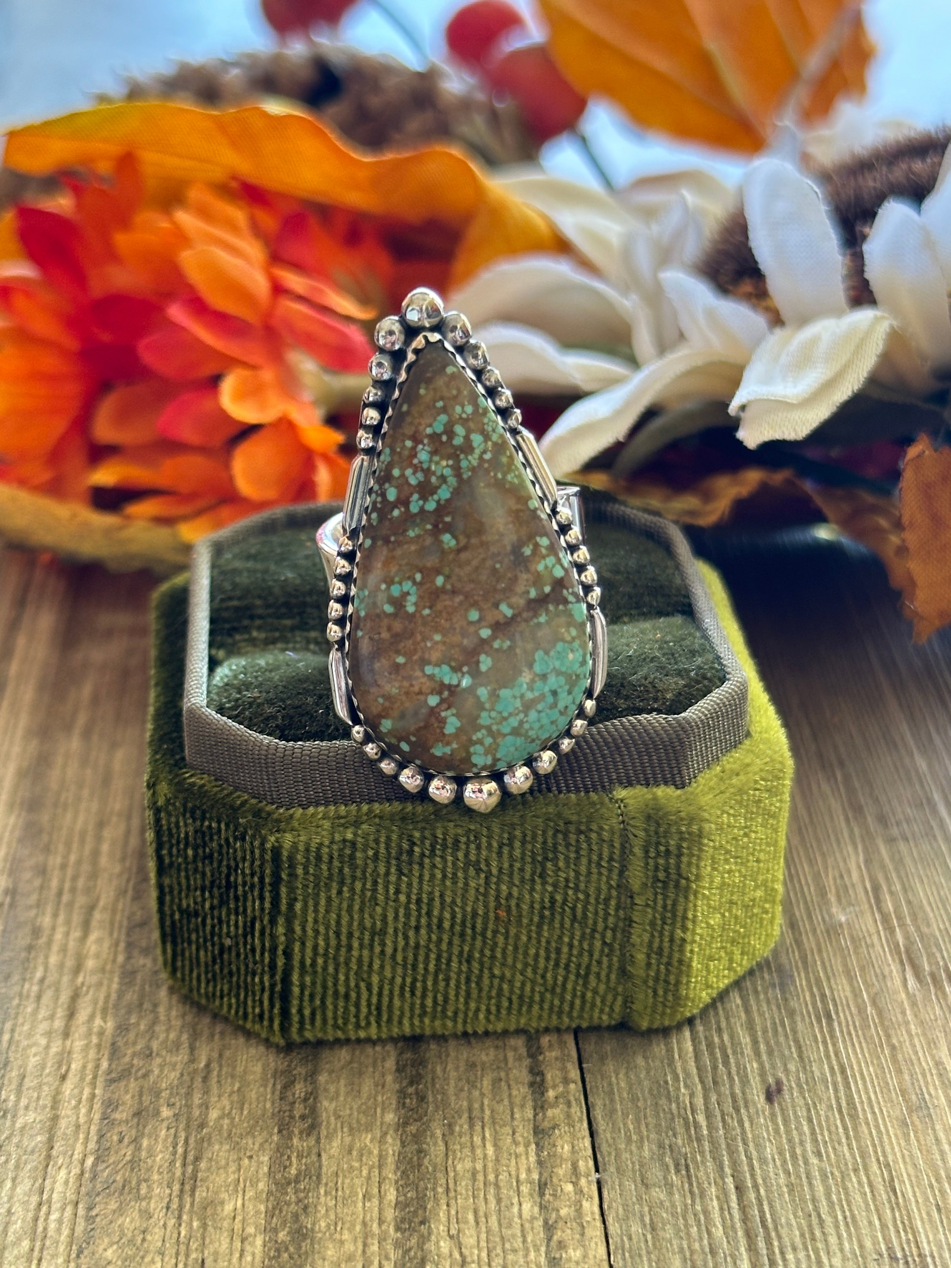 Southwest Handmade #8 Turquoise & Sterling Silver Adjustable Ring