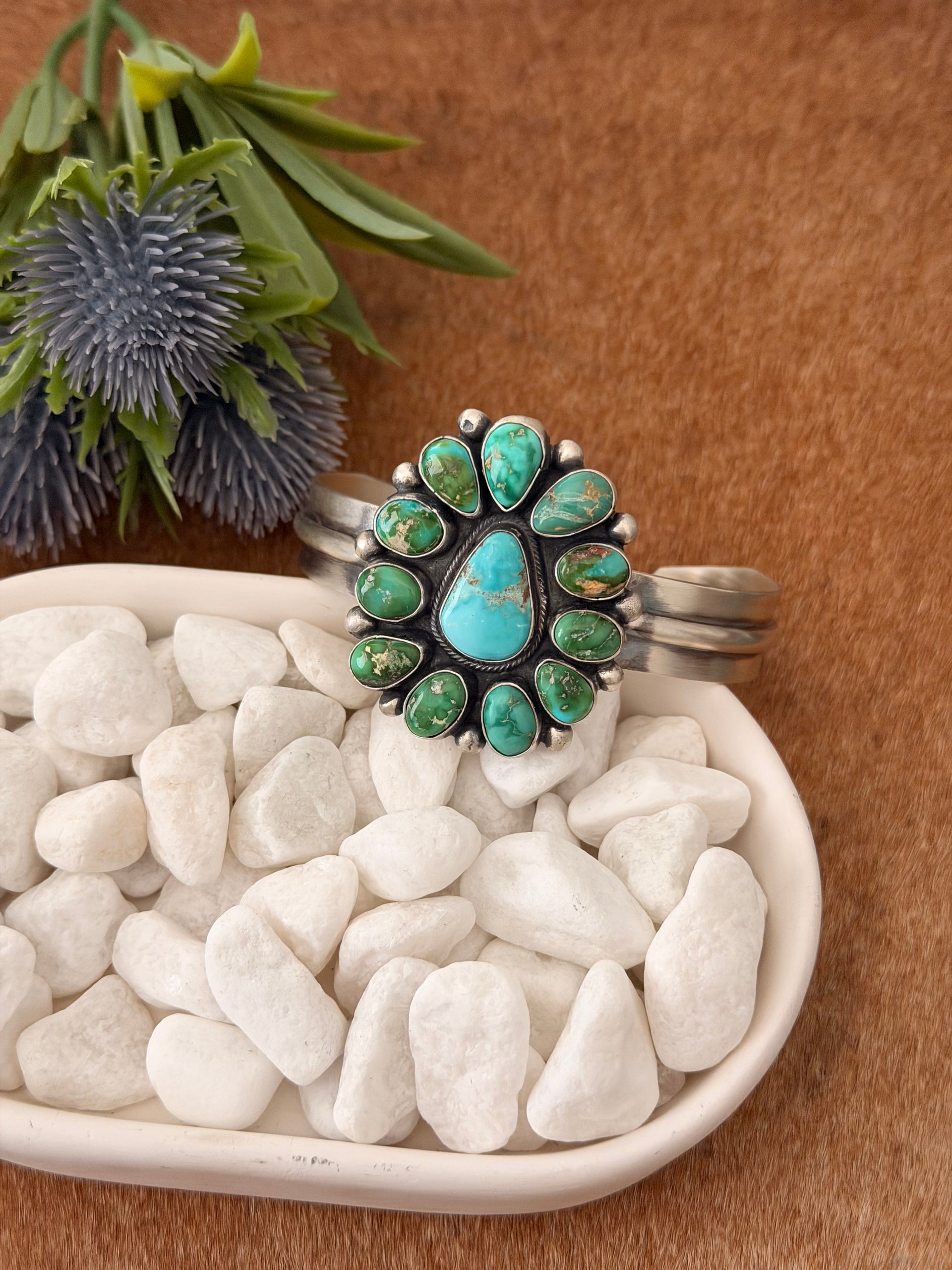 Bobby Johnson Mixed Turquoise & Sterling Silver Cluster Cuff Bracelet
