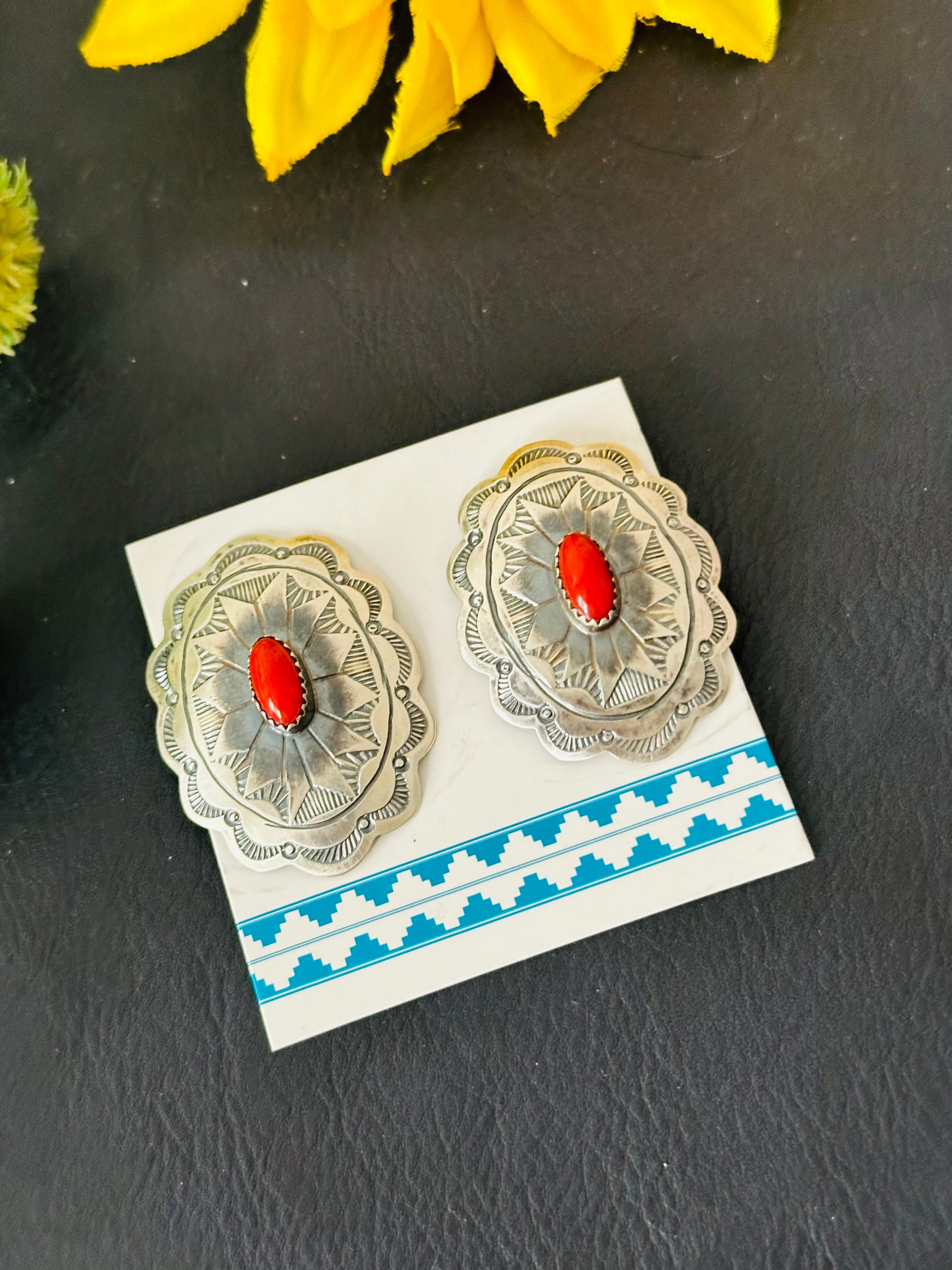 Navajo Made Coral & Sterling Silver Post Earrings