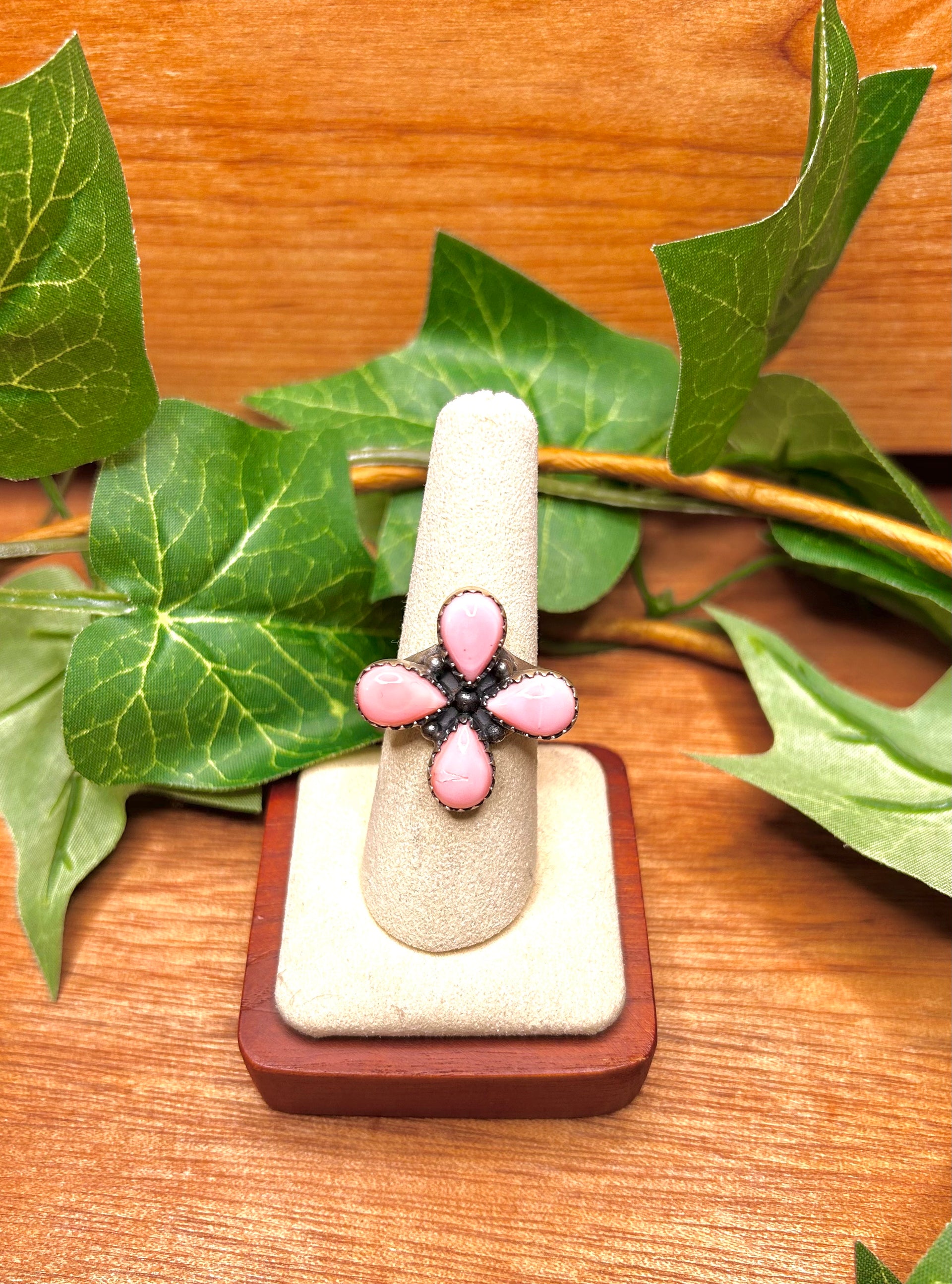 Southwest Made Pink Conch & Sterling Sliver Cluster Ring Size 8