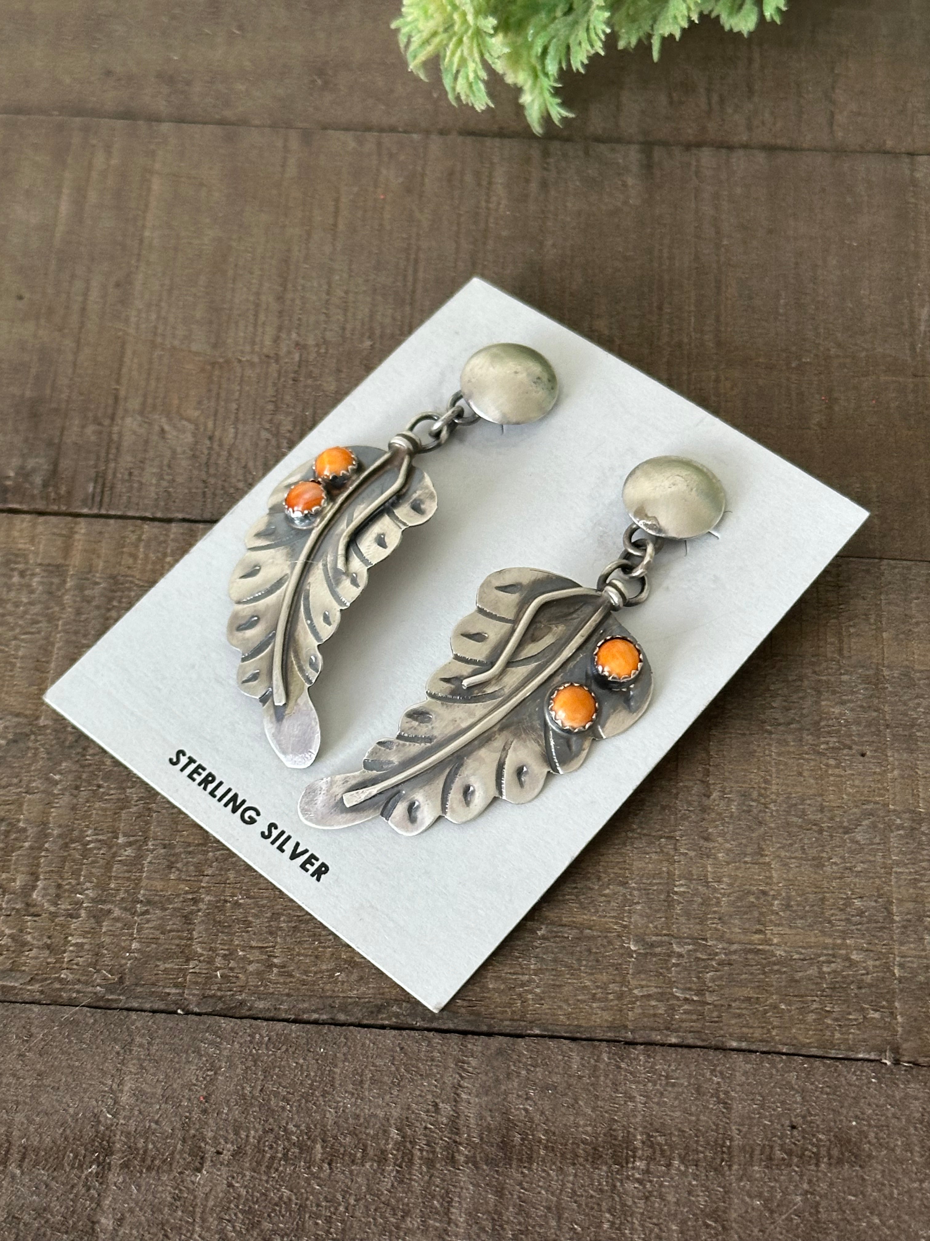 Gabriela Yazzie Spiny Oyster & Sterling Silver Post Dangle Feather Earrings