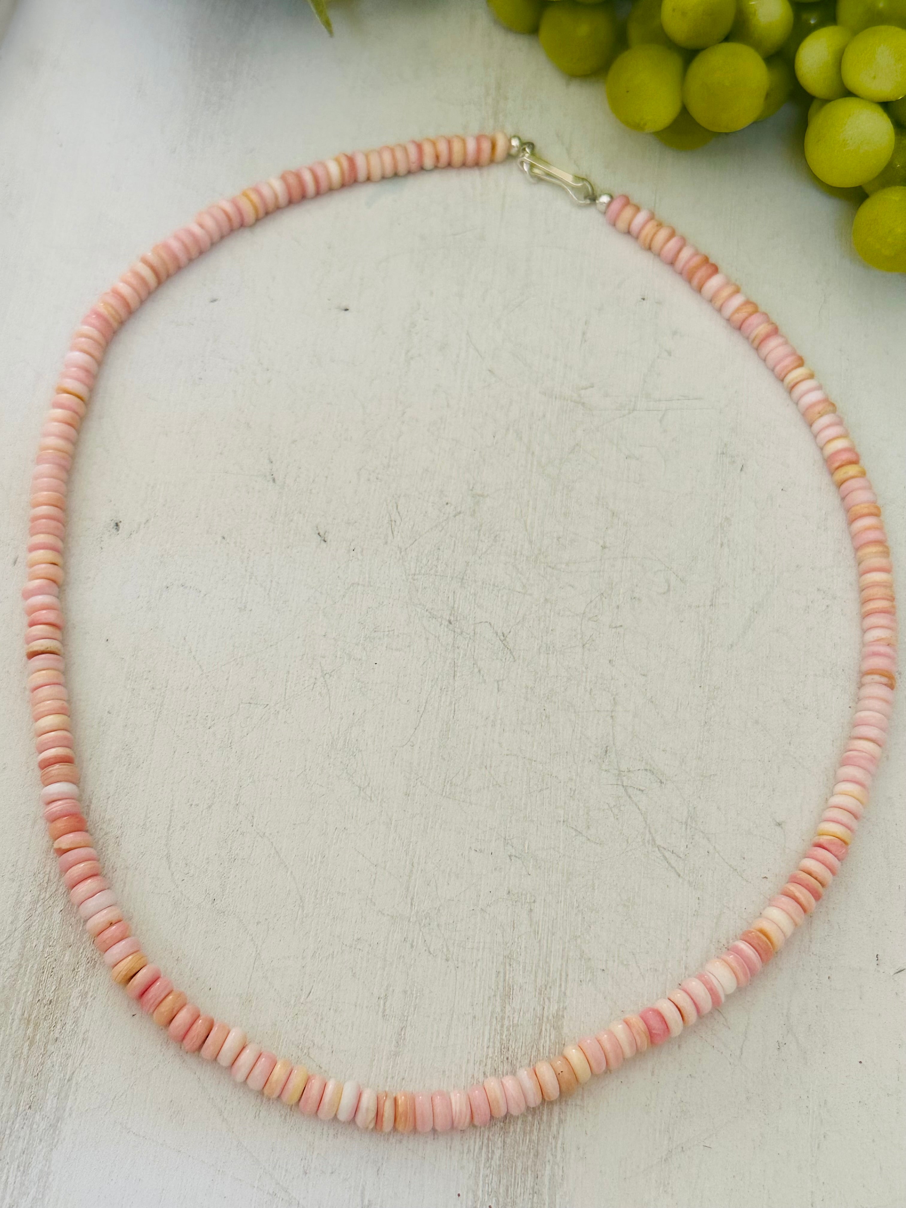 Navajo Strung Pink Conch & Sterling Silver Beaded Necklace