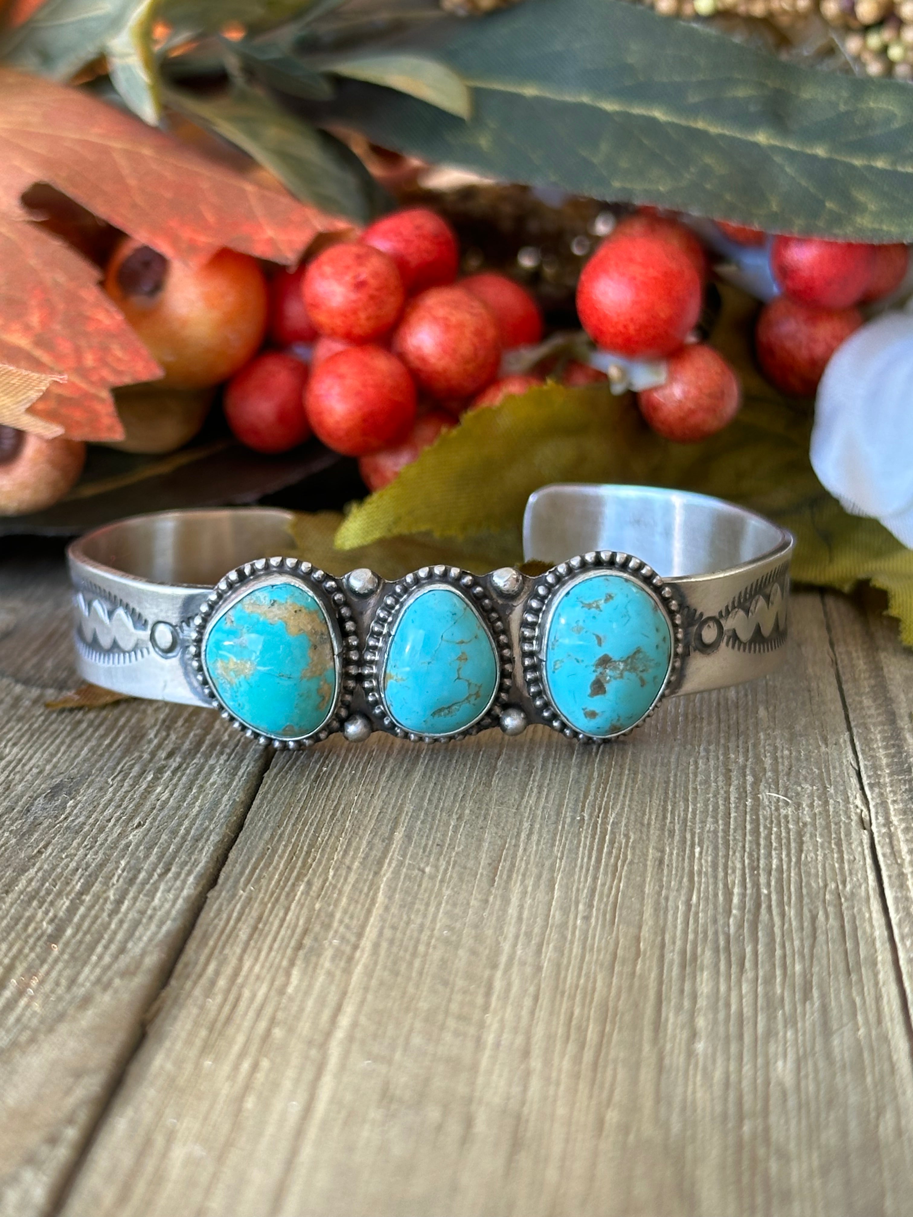 Navajo Made Kingman Turquoise & Sterling Silver Cuff Bracelet