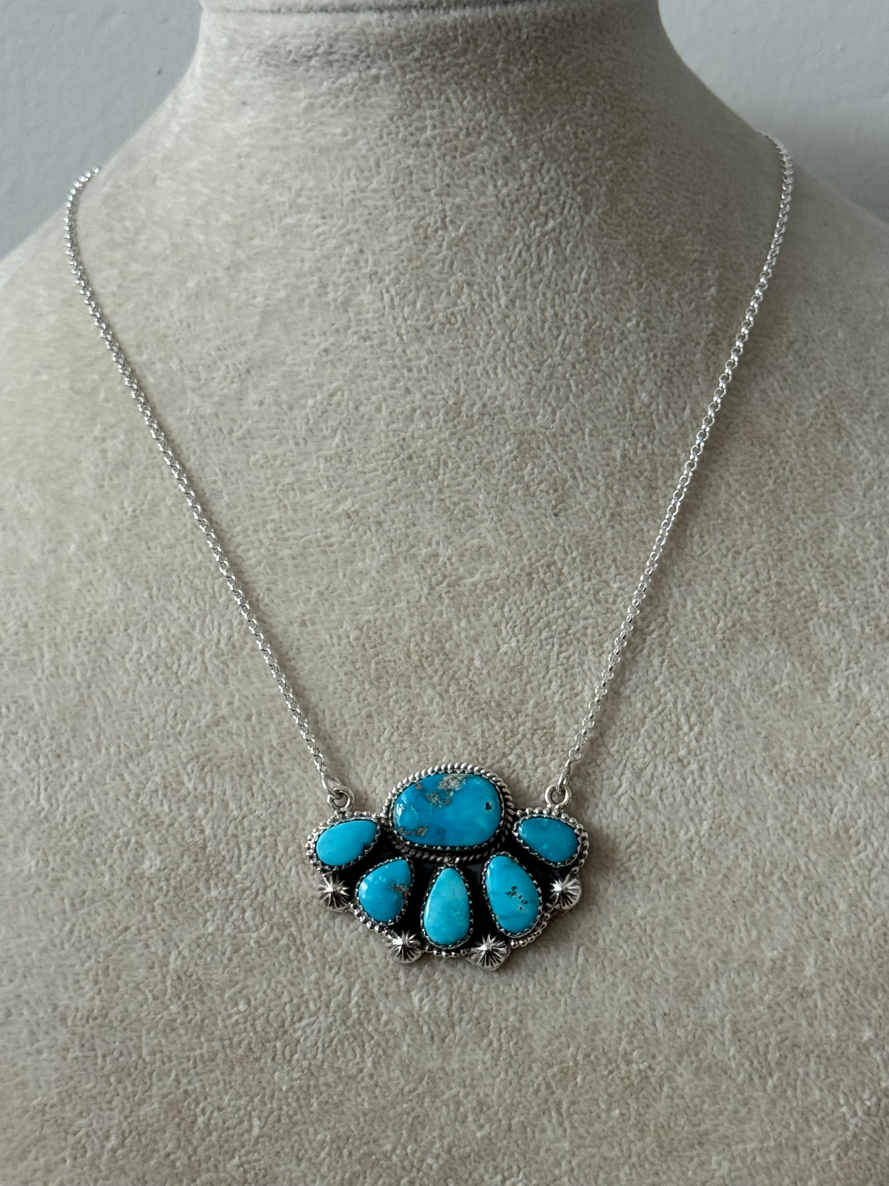 Southwest Valley Blue Turquoise & Sterling Silver Cluster Necklace