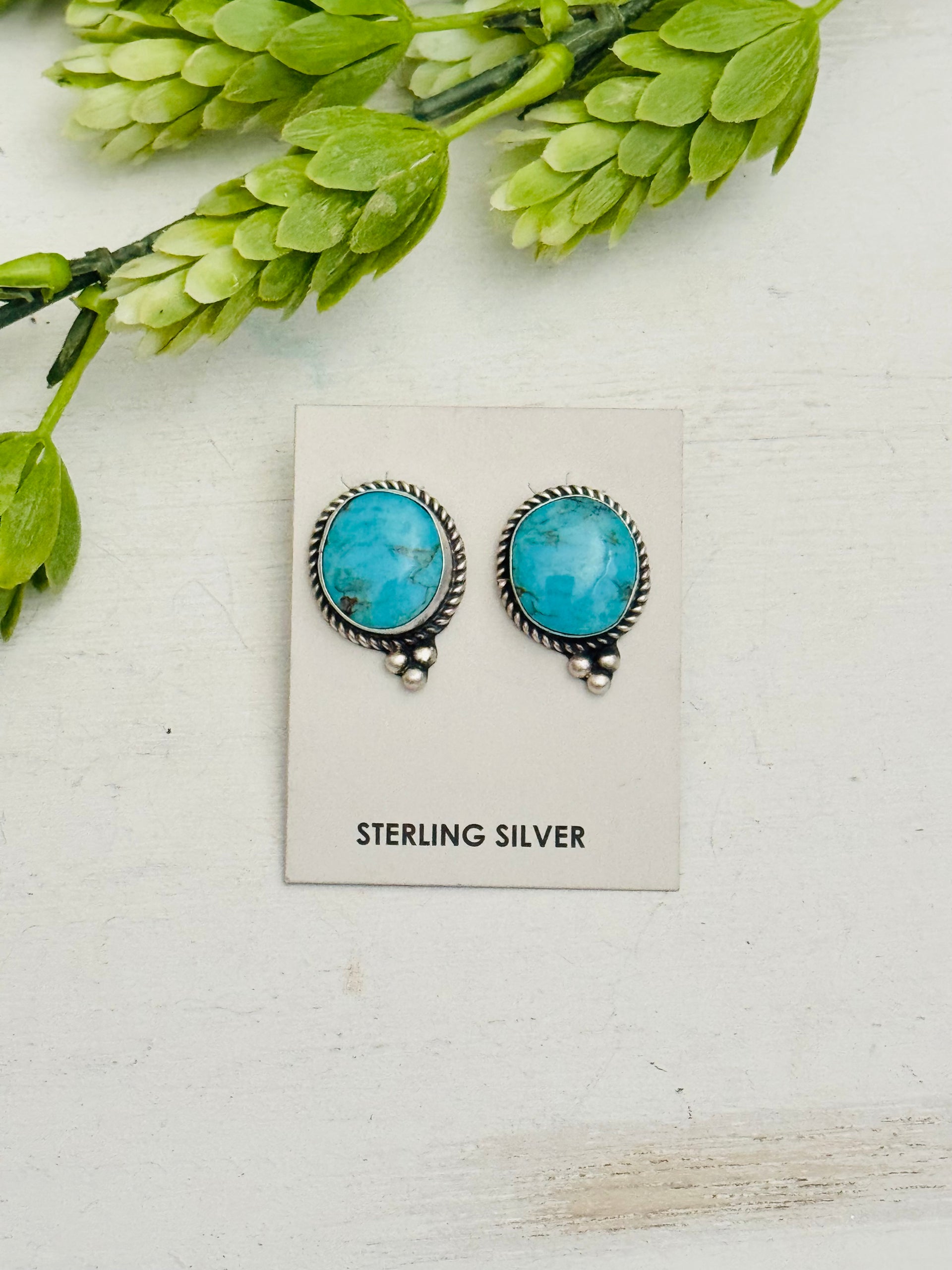 Navajo Made Kingman Turquoise & Sterling Silver Post Earrings