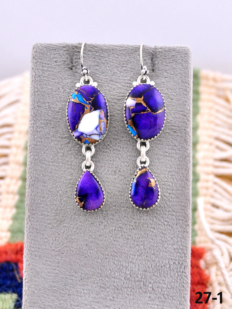 Southwest Made Purple Dahlia & Sterling Silver Hook Dangle Earrings