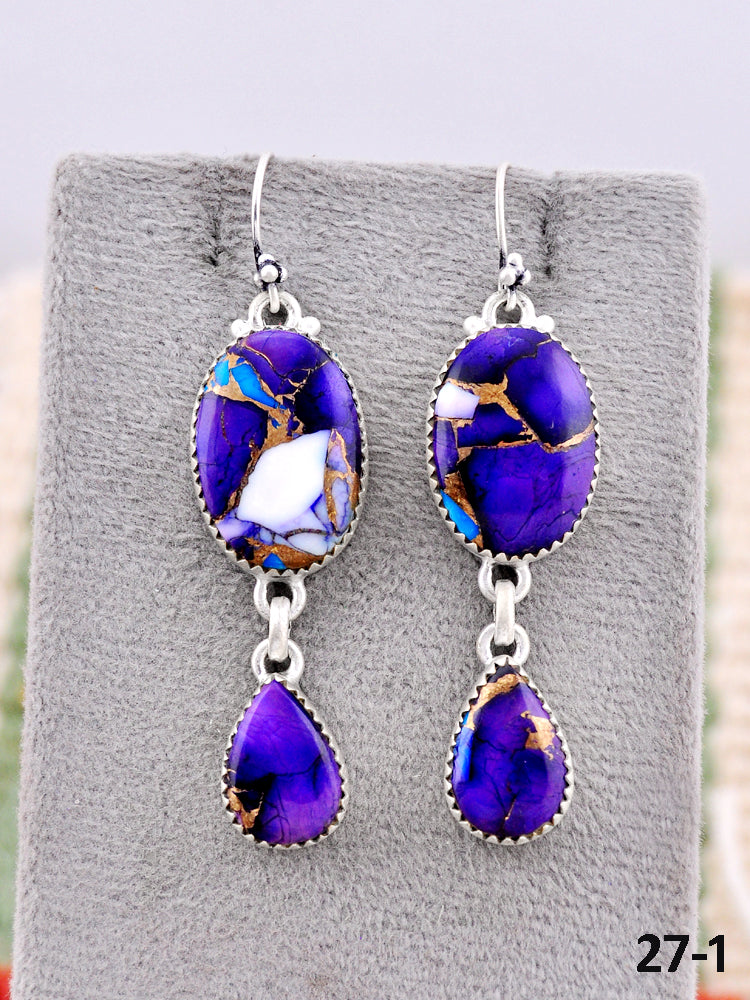 Southwest Made Purple Dahlia & Sterling Silver Hook Dangle Earrings