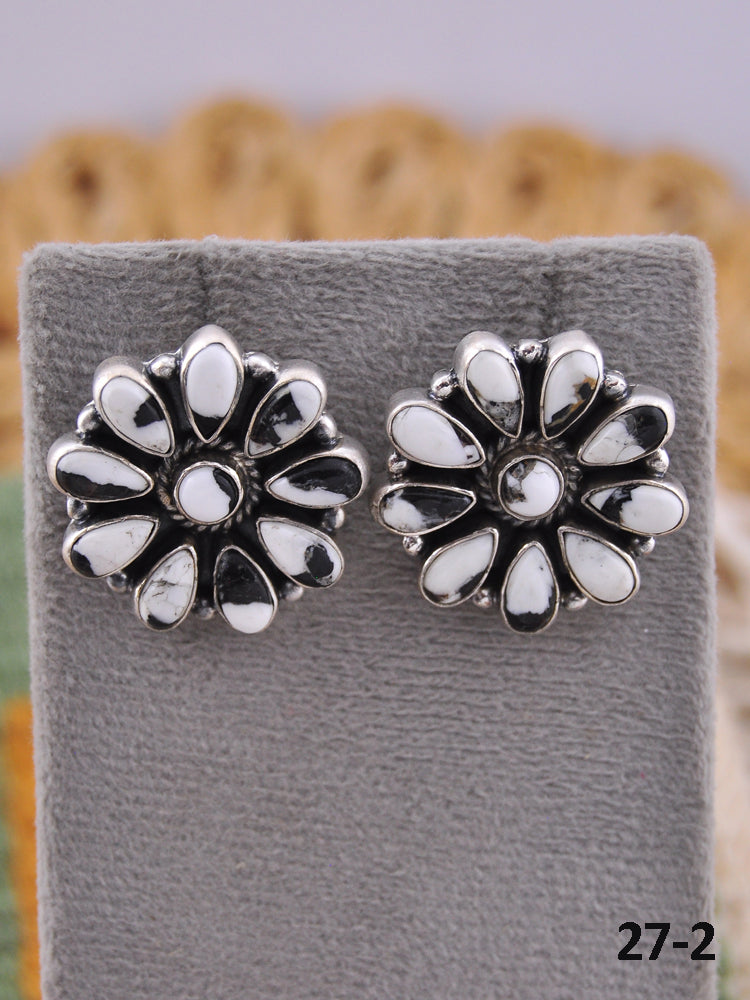 Southwest Handmade White Buffalo & Sterling Silver Post Cluster Earrings