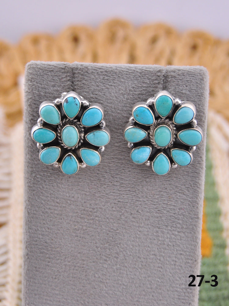 Southwest Handmade Kingman Turquoise & Sterling Silver Post Cluster Earrings