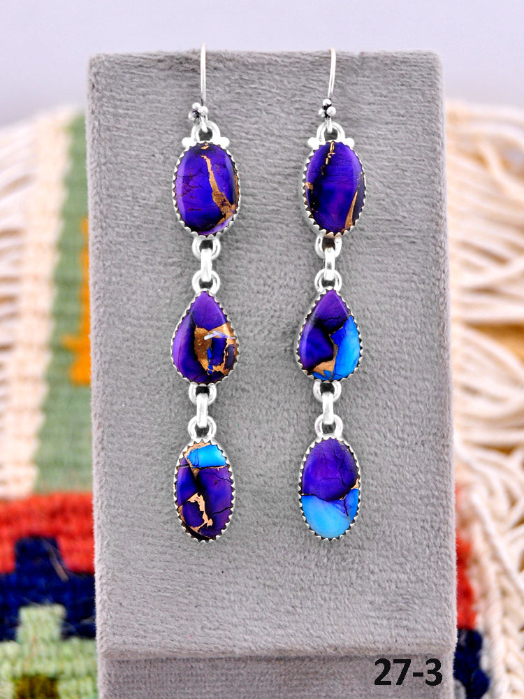 Southwest Made Purple Dahlia & Sterling Silver Hook Dangle Earrings