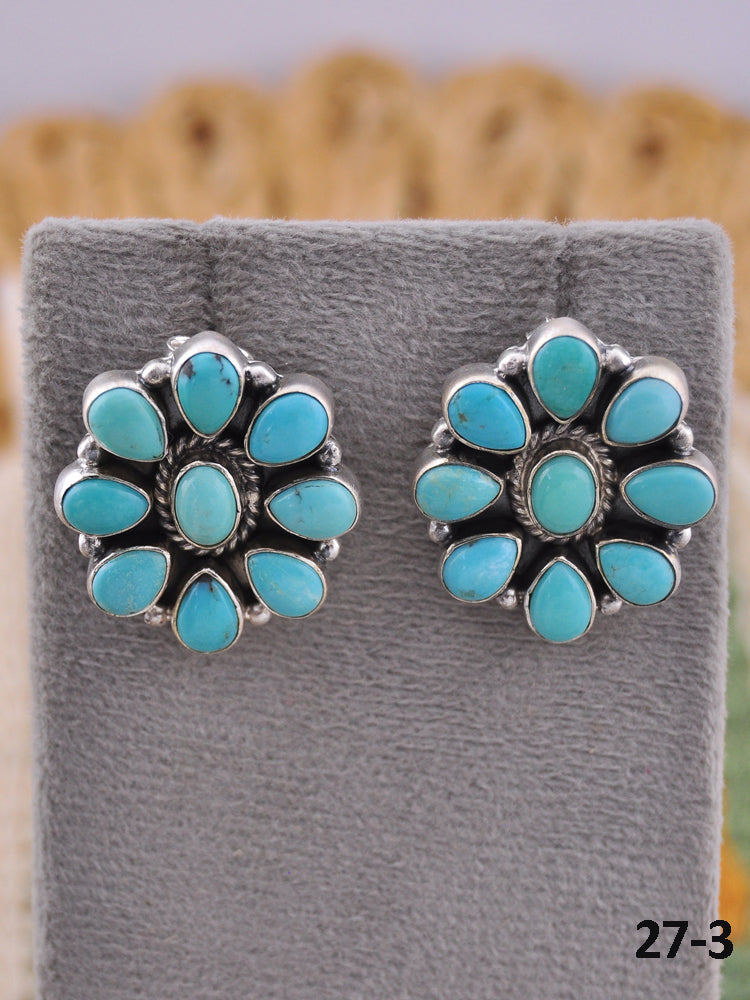 Southwest Handmade Kingman Turquoise & Sterling Silver Post Cluster Earrings