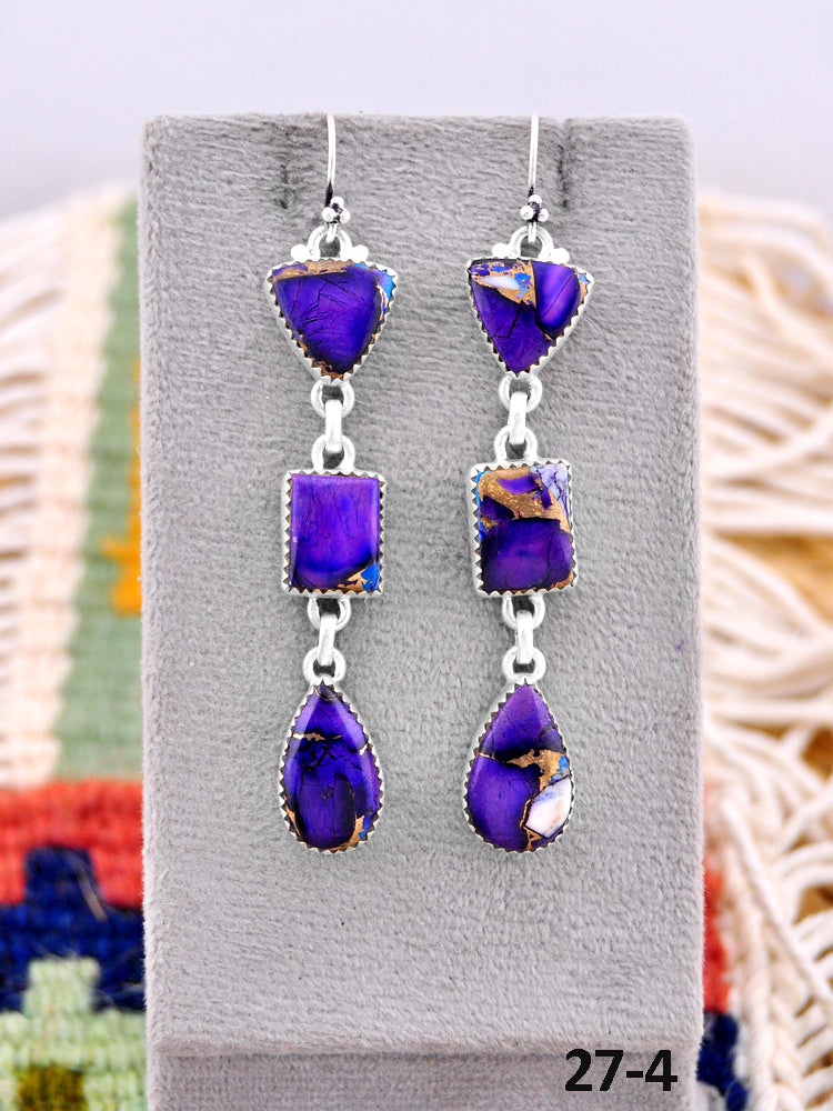 Southwest Made Purple Dahlia & Sterling Silver Hook Dangle Earrings