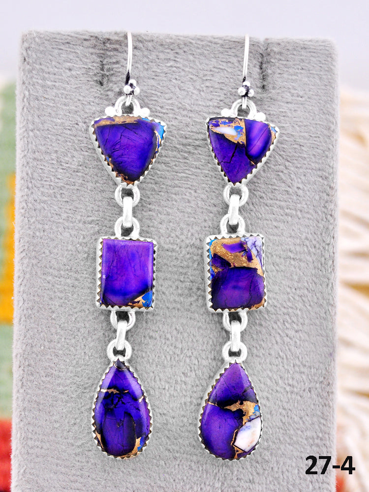 Southwest Made Purple Dahlia & Sterling Silver Hook Dangle Earrings