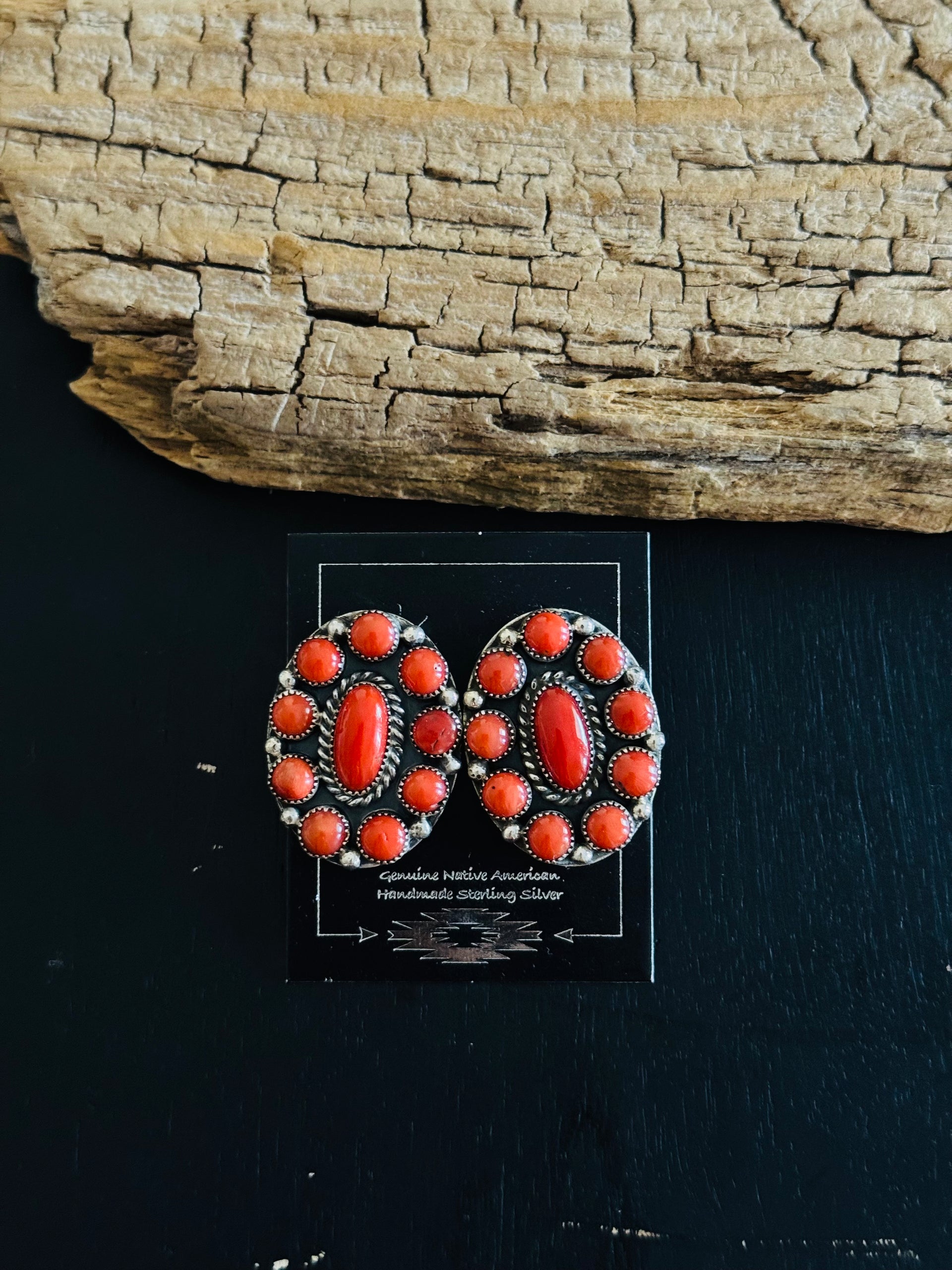 Navajo Made Natural Mediterranean Coral & Sterling Silver Post Dangle Cluster Earrings