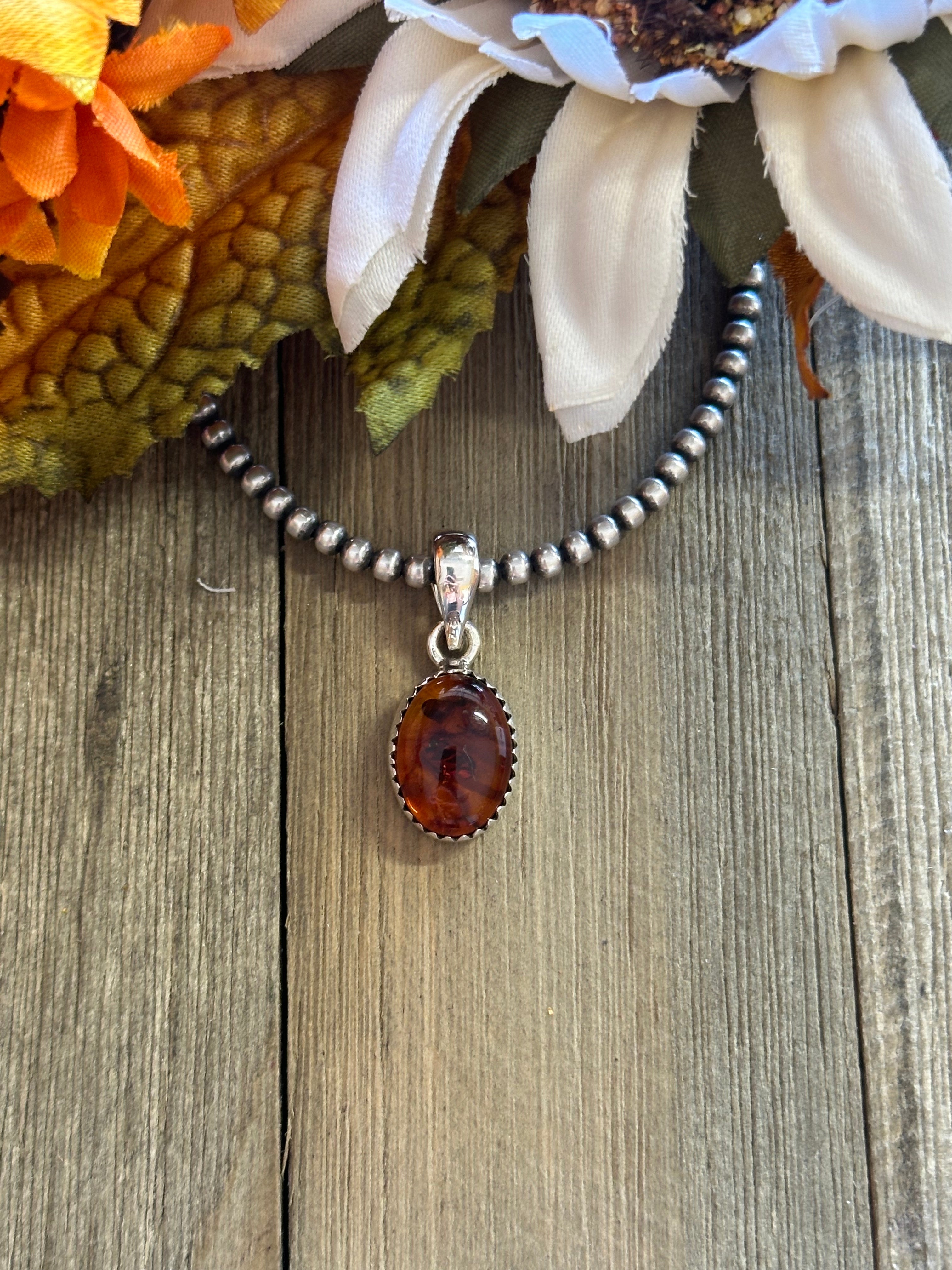 Southwest Handmade Amber & Sterling Silver Pendant