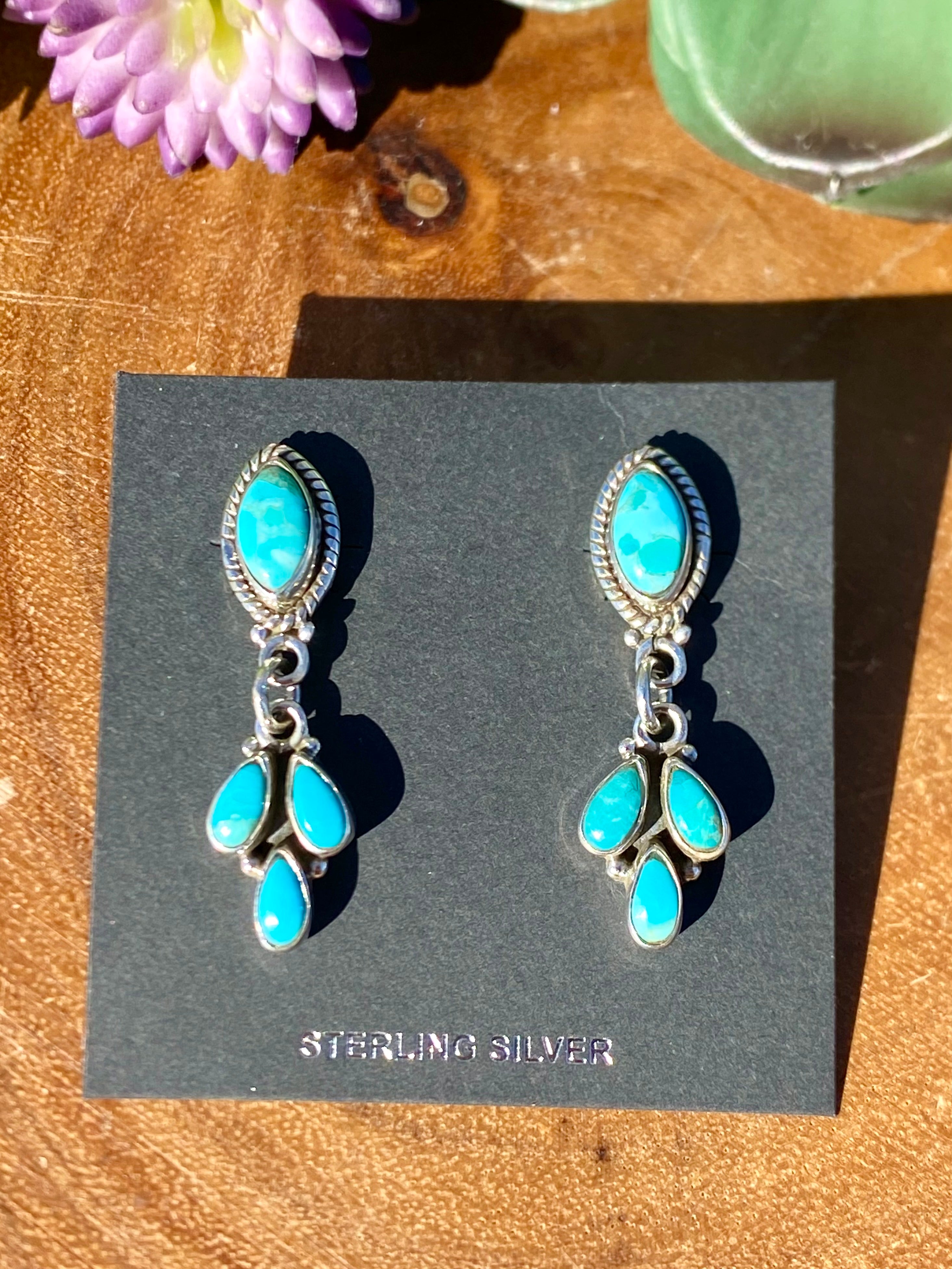 Southwest Handmade Kingman Turquoise & Sterling Silver Post Dangle Earrings