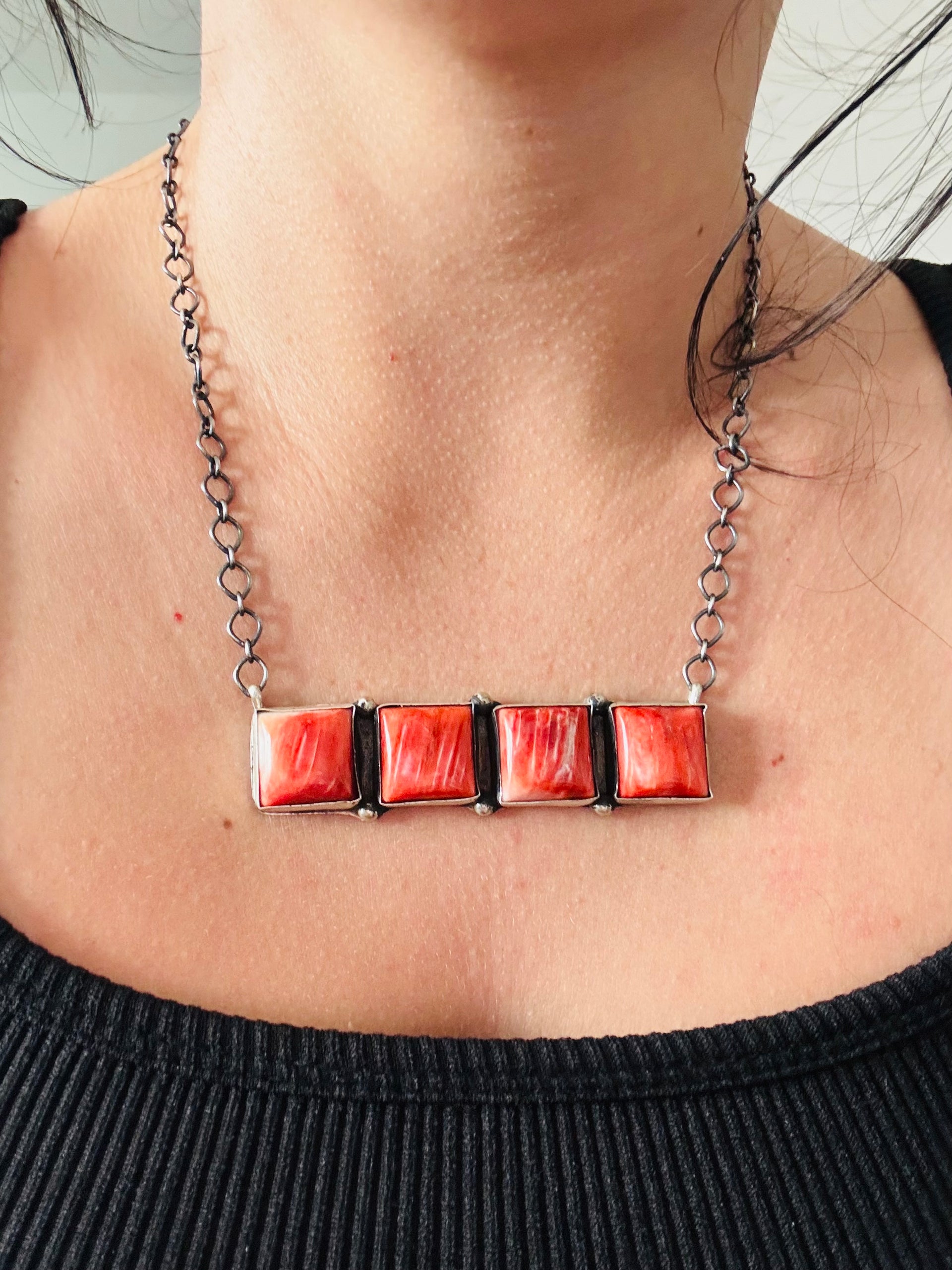 Tia Long Spiny Oyster & Sterling Silver Choker Bar Necklace