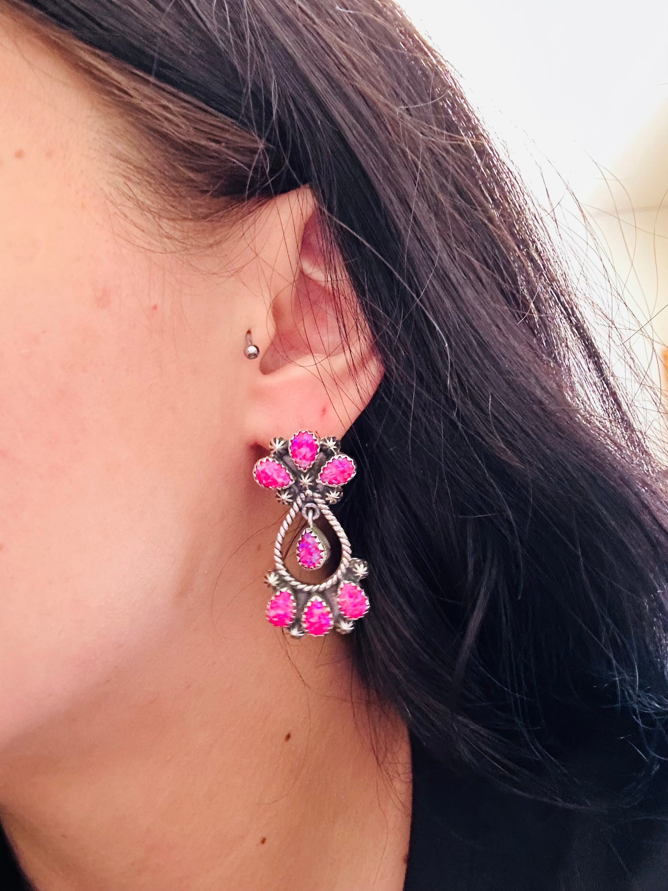 Southwest Handmade Pink Opal & Sterling Silver Post Dangle Earrings