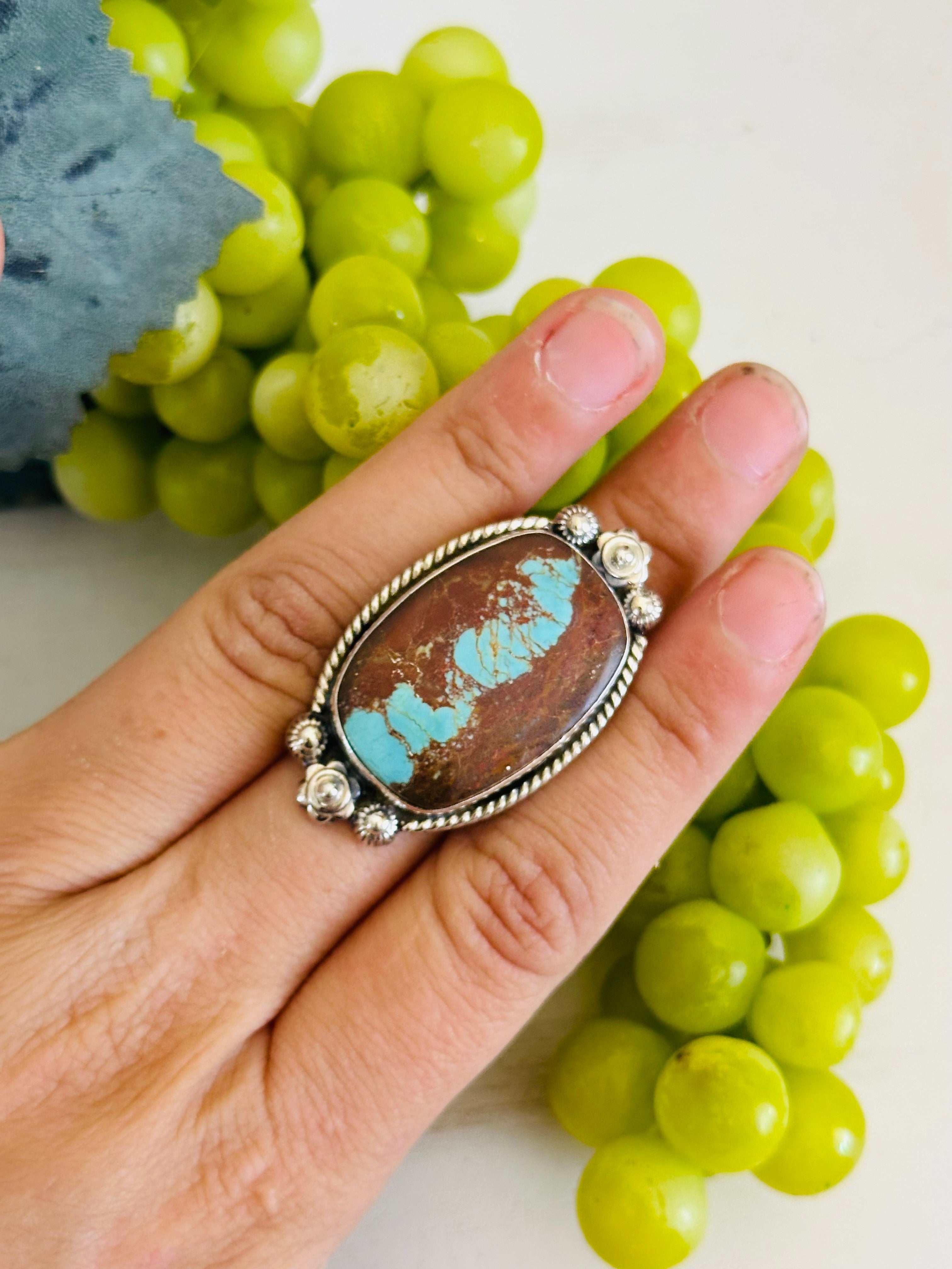 Southwest Handmade #8 Turquoise & Sterling Silver Adjustable Ring