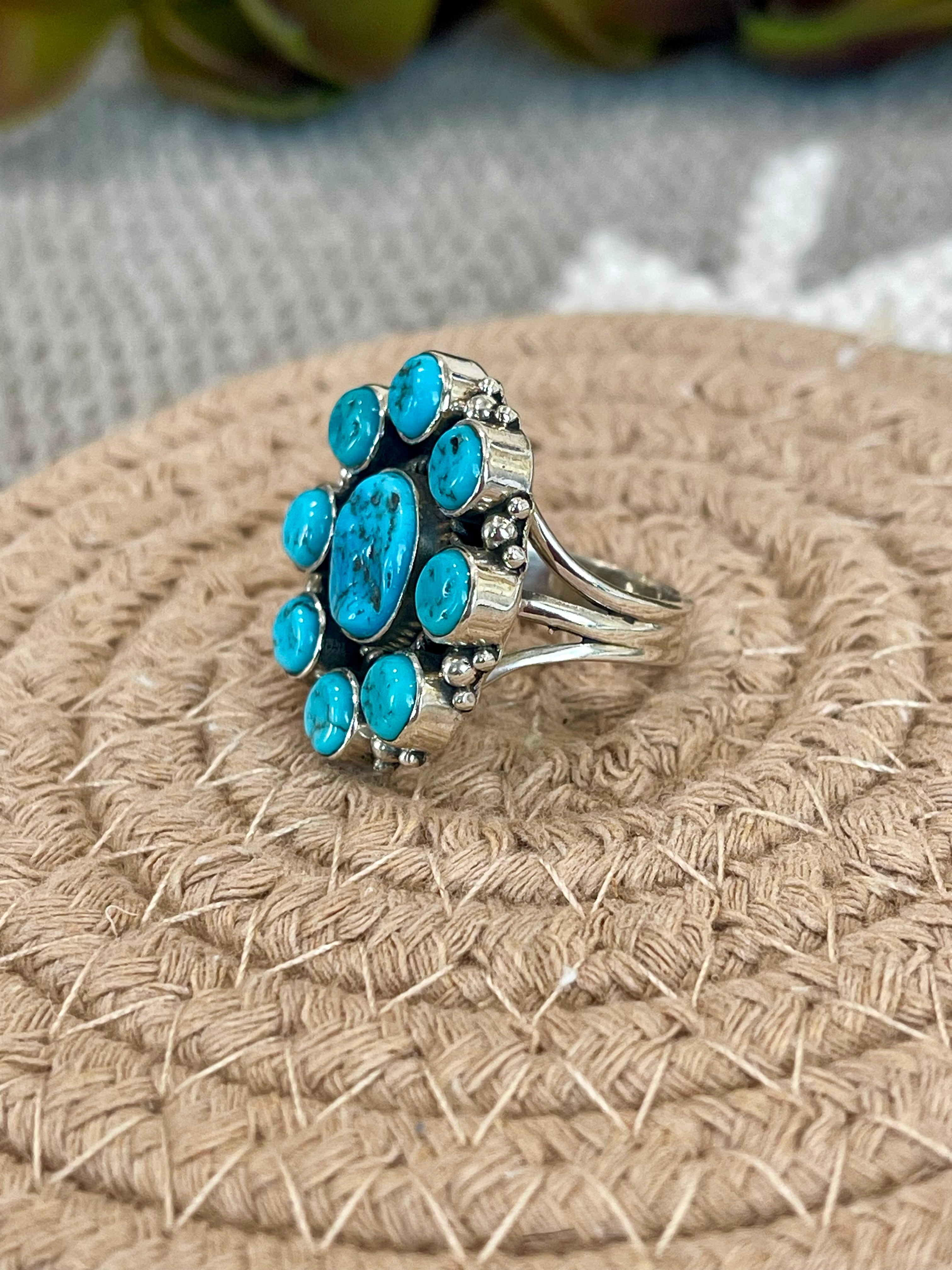 Southwest Handmade Kingman Turquoise & Sterling Silver Size 6.5 Cluster Flower Ring