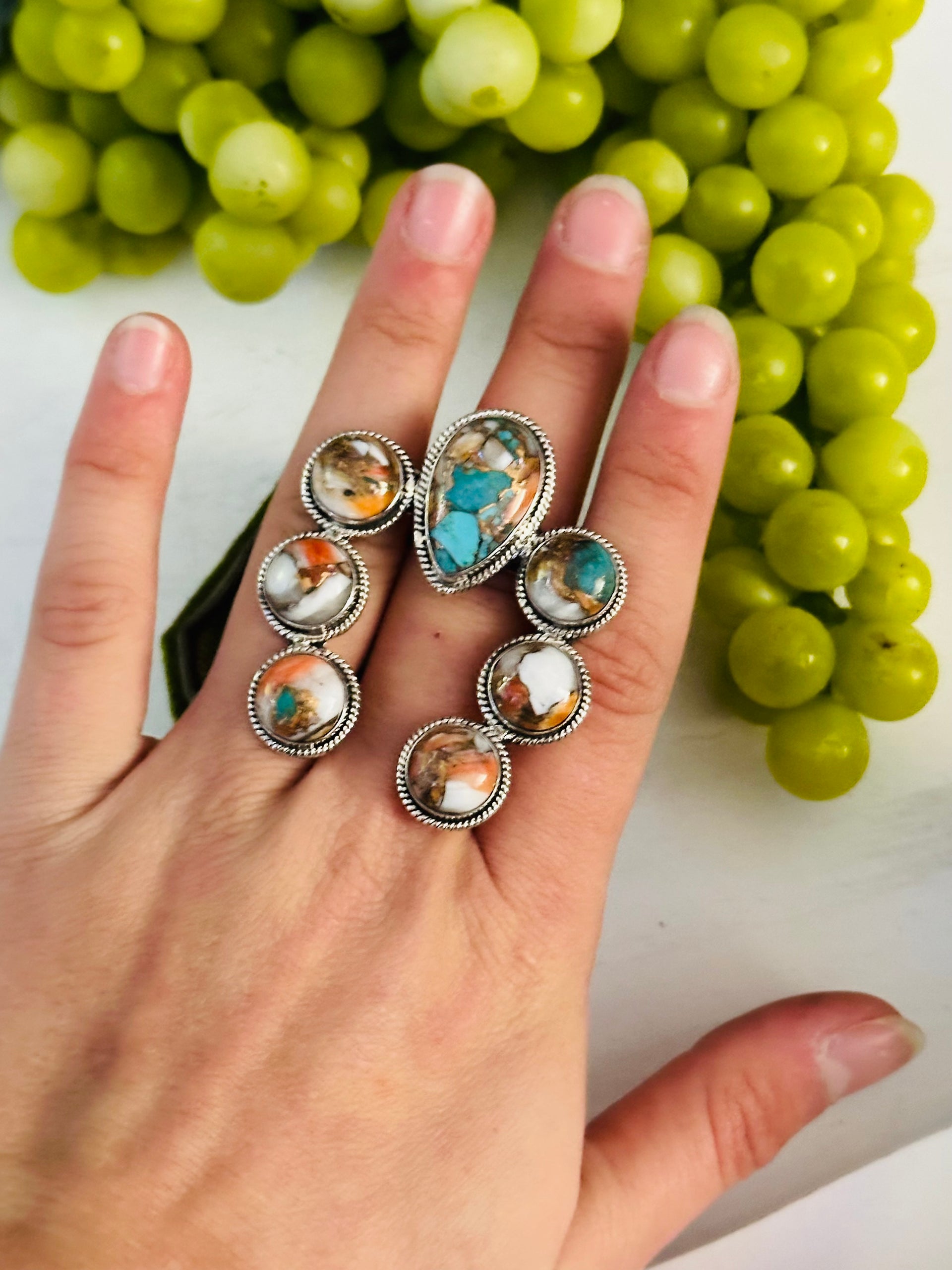 Southwest Handmade Mohave Turquoise & Sterling Silver Adjustable Cluster Naja Ring