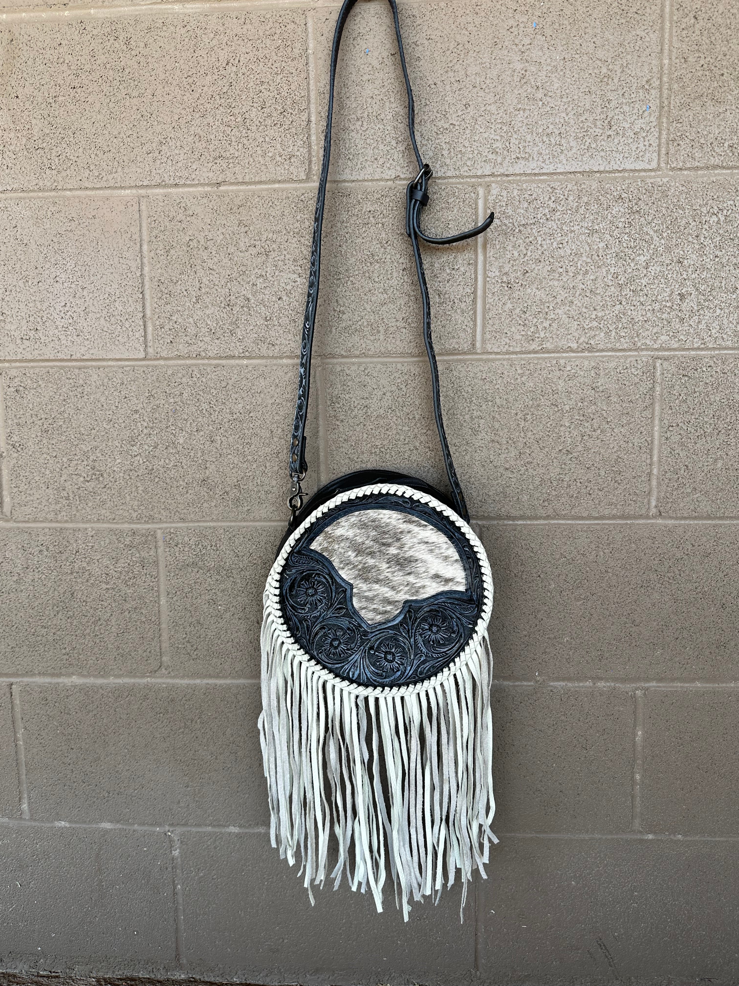 Genuine Tooled Leather & Cowhide Fringe Purse