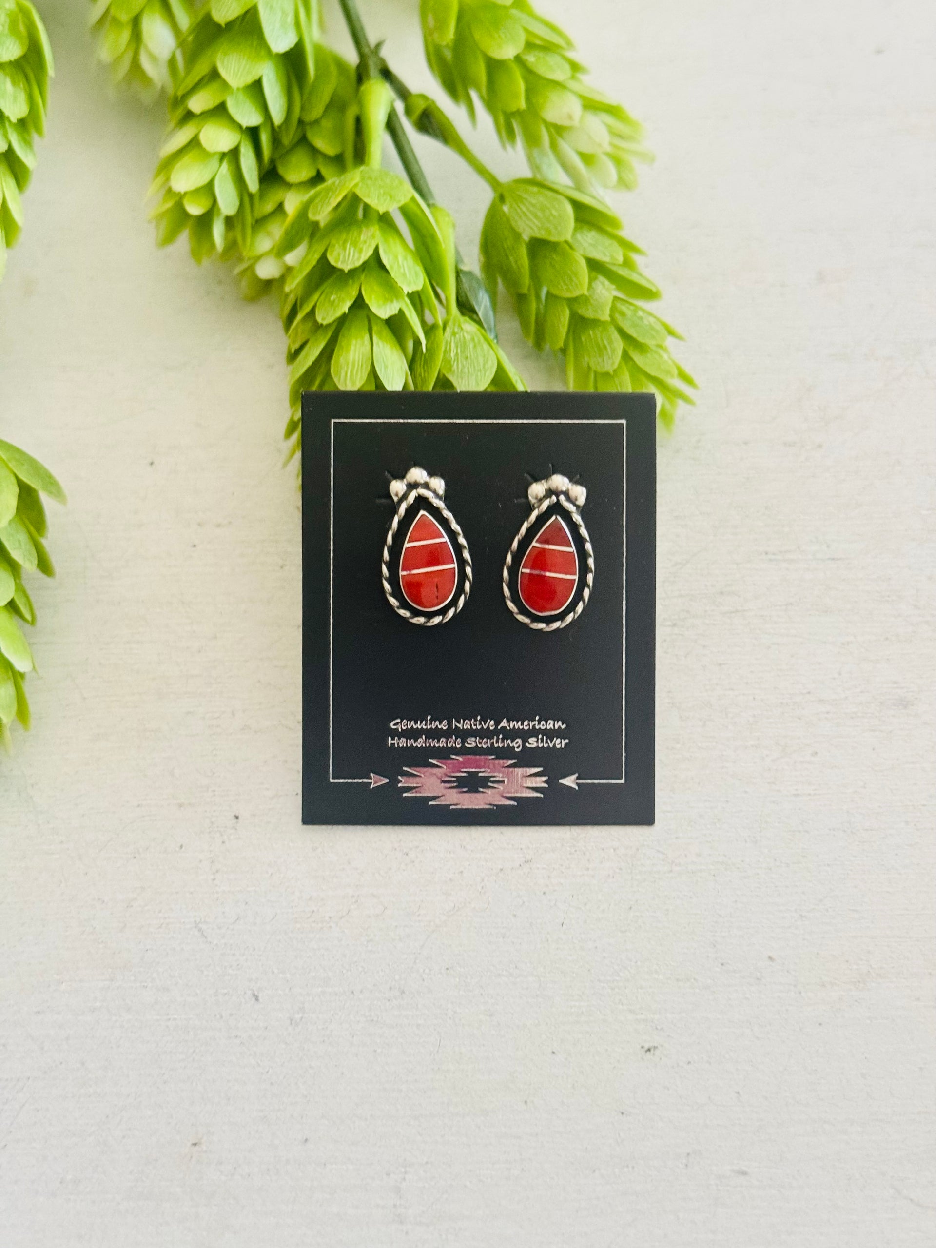 Zuni Made Coral & Sterling Silver Post Inlay Shadowbox Earrings