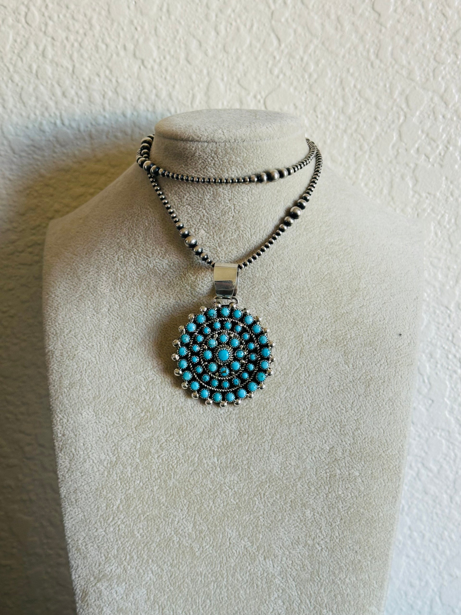 Navajo Made Kingman Turquoise & Sterling Silver Cluster Pendant