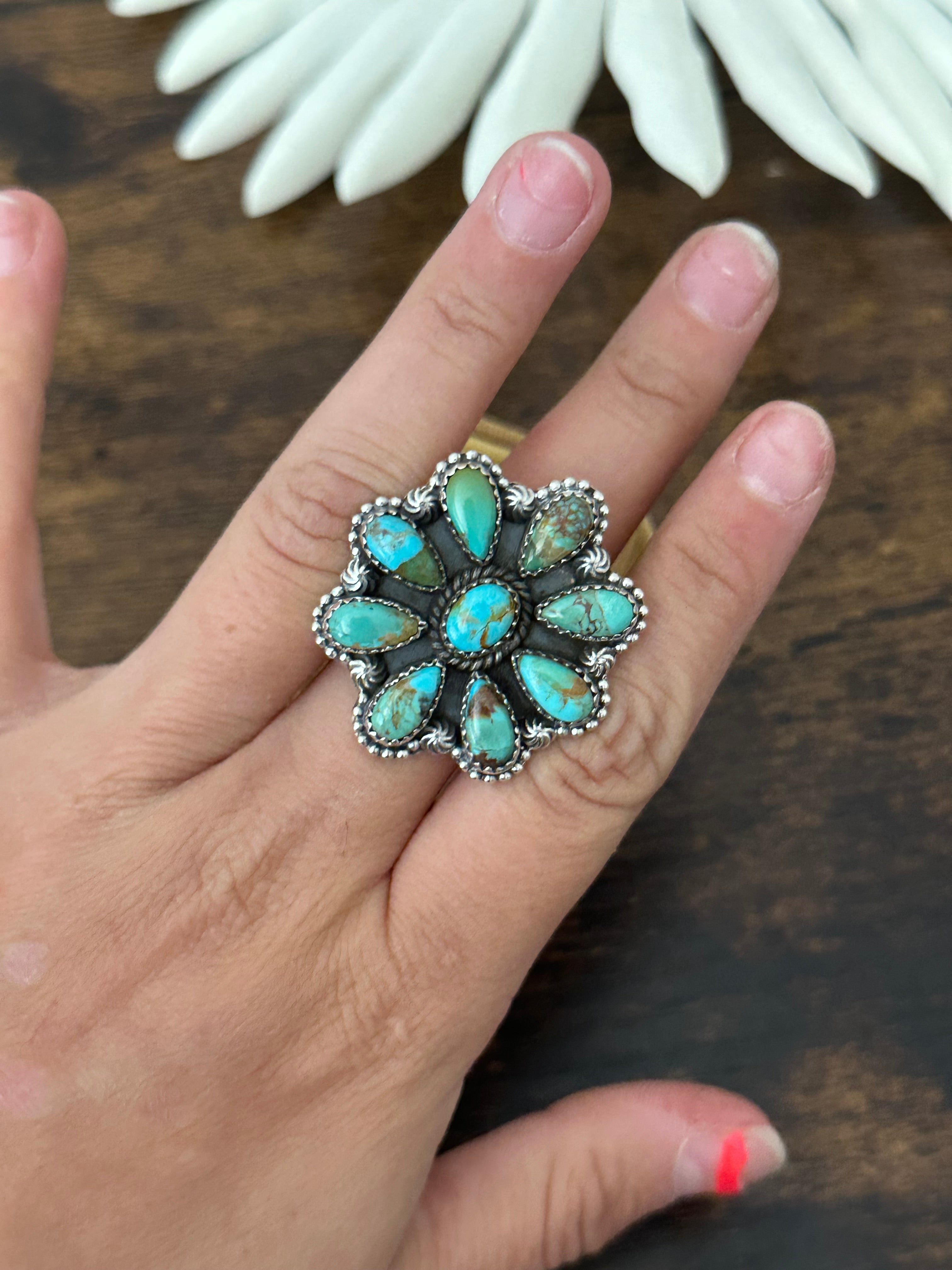 Southwest Handmade Kingman Turquoise & Sterling Silver Adjustable Cluster Ring