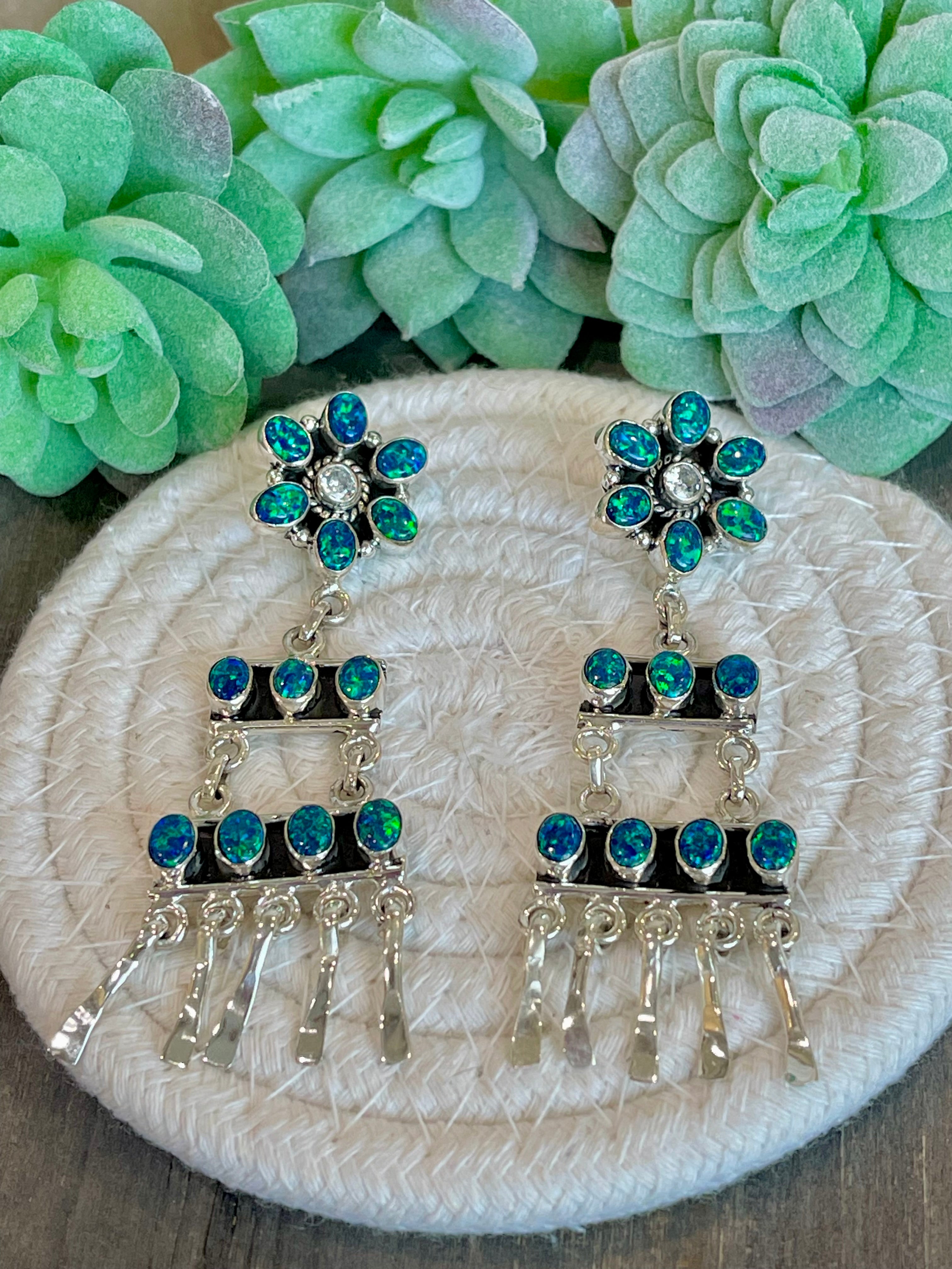 Southwest Handmade Blue Opal Post Dangle Earrings