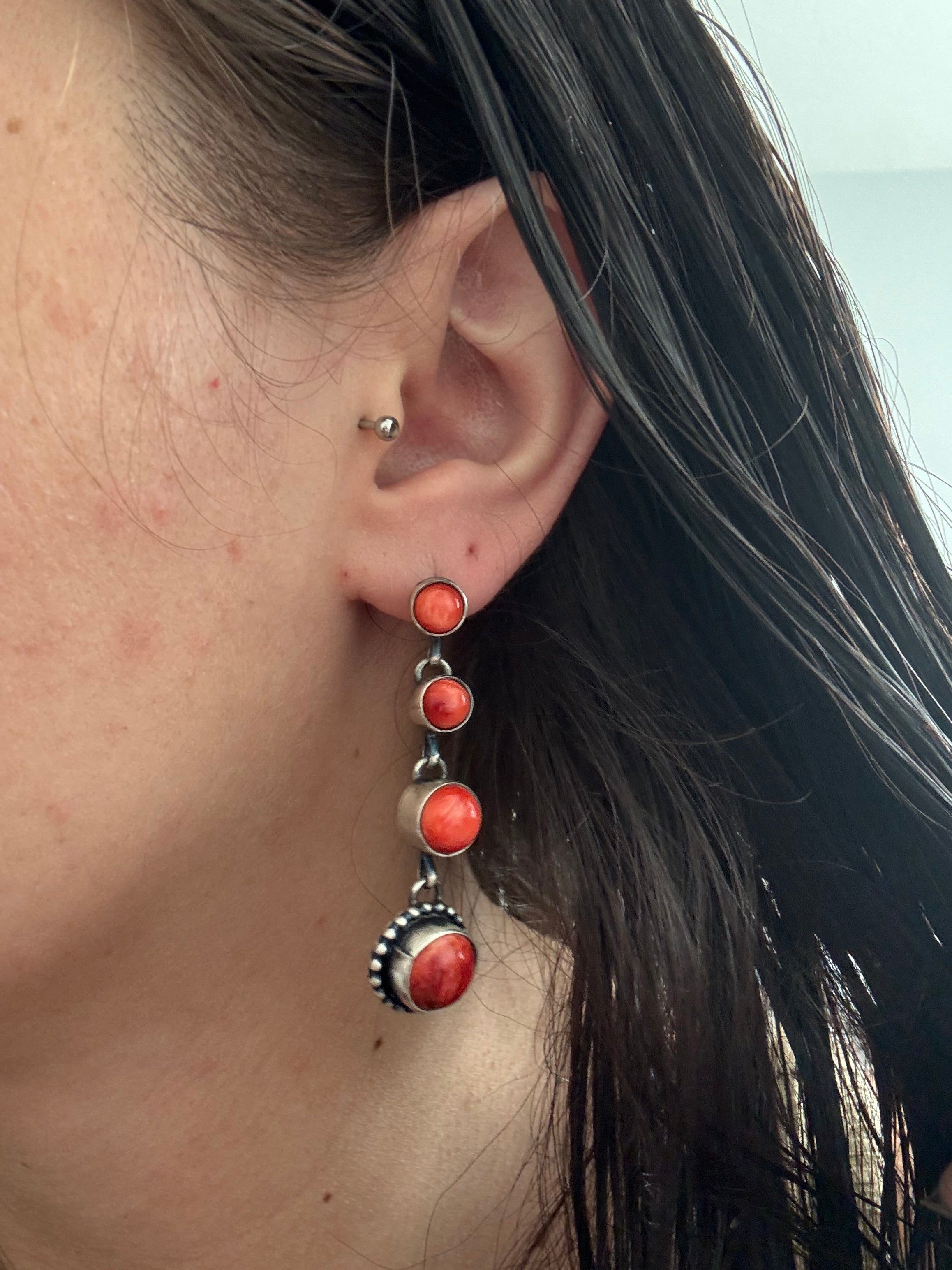 Navajo Made Red Spiny Oyster & Sterling Silver Post Dangle Earrings