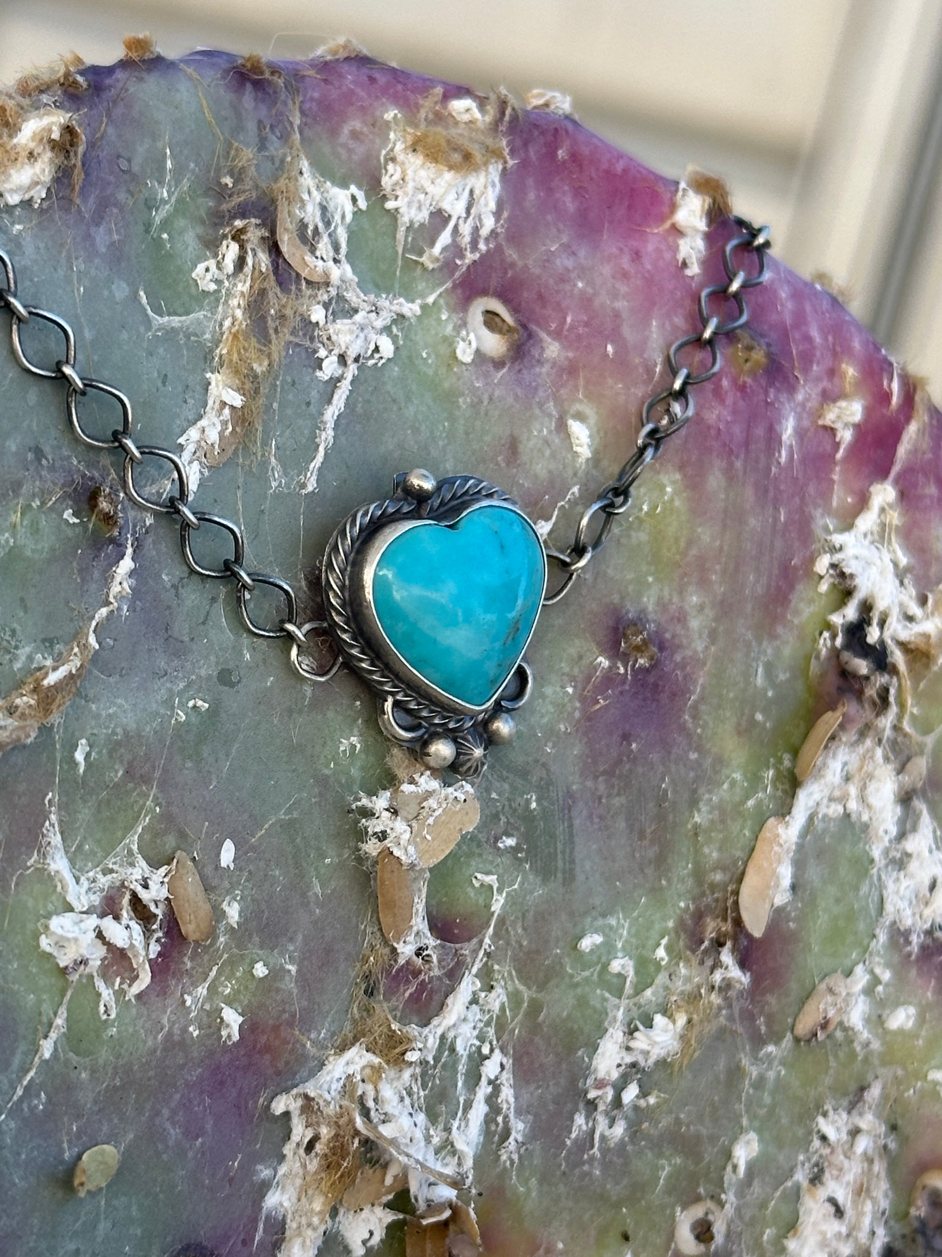 Navajo Made Kingman Turquoise & Sterling Silver Heart Bracelet