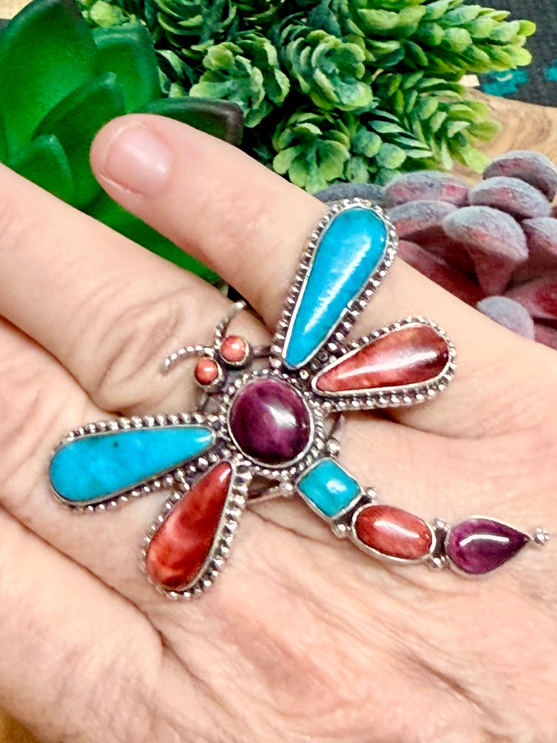Southwest Handmade Multistone & Sterling Silver Ring Size 8