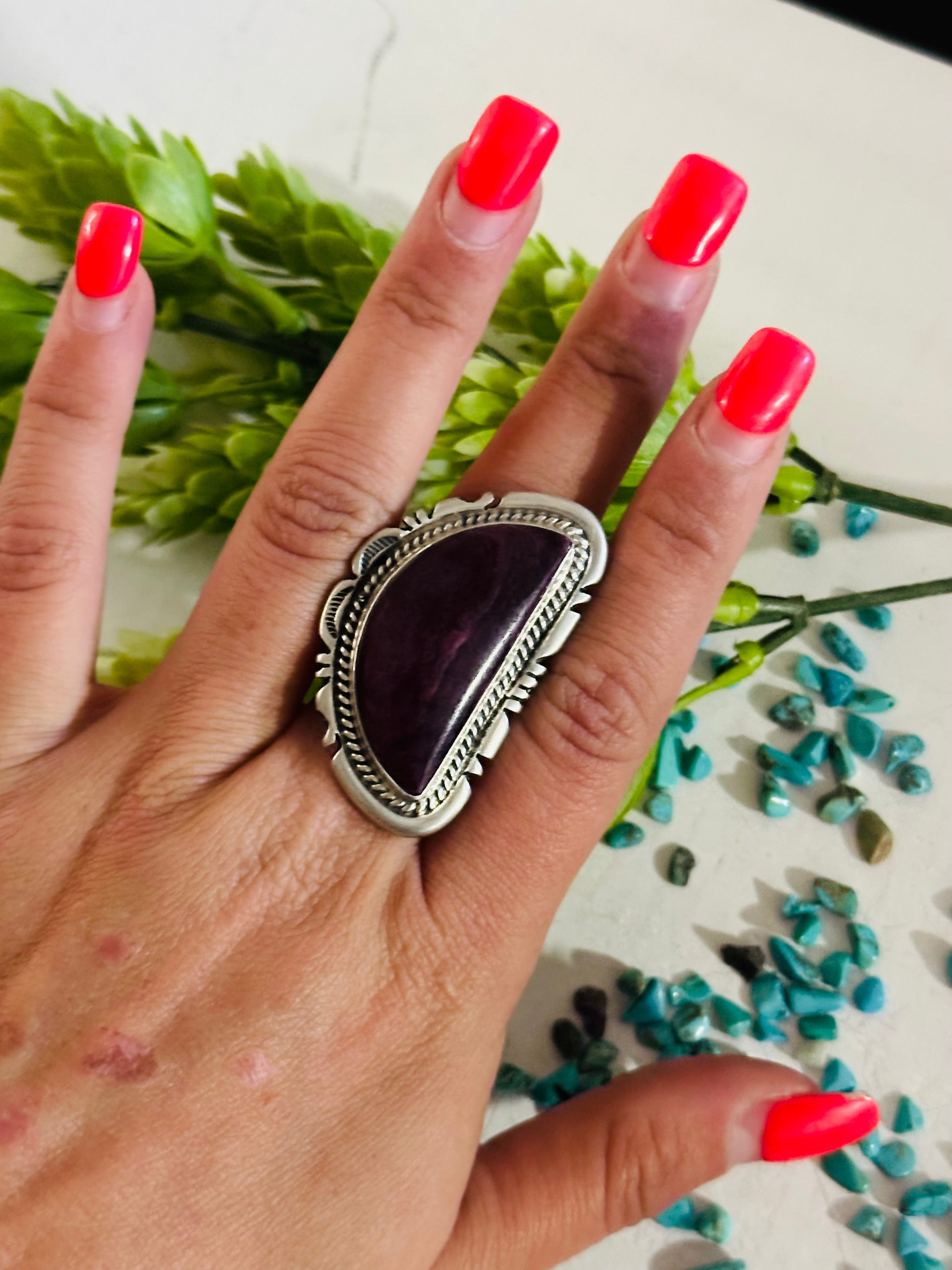 Navajo Made Purple Spiny Oyster & Sterling Silver Ring Size 10.5